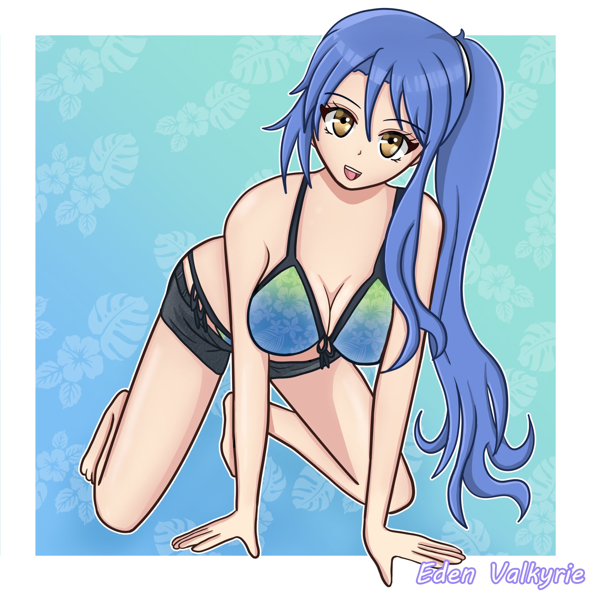laura s. arseid, eiyuu densetsu, sen no kiseki, sen no kiseki (series), sen no kiseki iv, commentary, english commentary, highres, 1girl, artist name, bikini, bikini under shorts, blue bikini, blue hair, border, breasts, cleavage, double-parted bangs, edenvalkyrieart, full body, gradient background, hair between eyes, kneeling, large breasts, long hair, long single sidelock, looking at viewer, ponytail, shorts, simple background, smile, solo, swimsuit, white border, yellow eyes