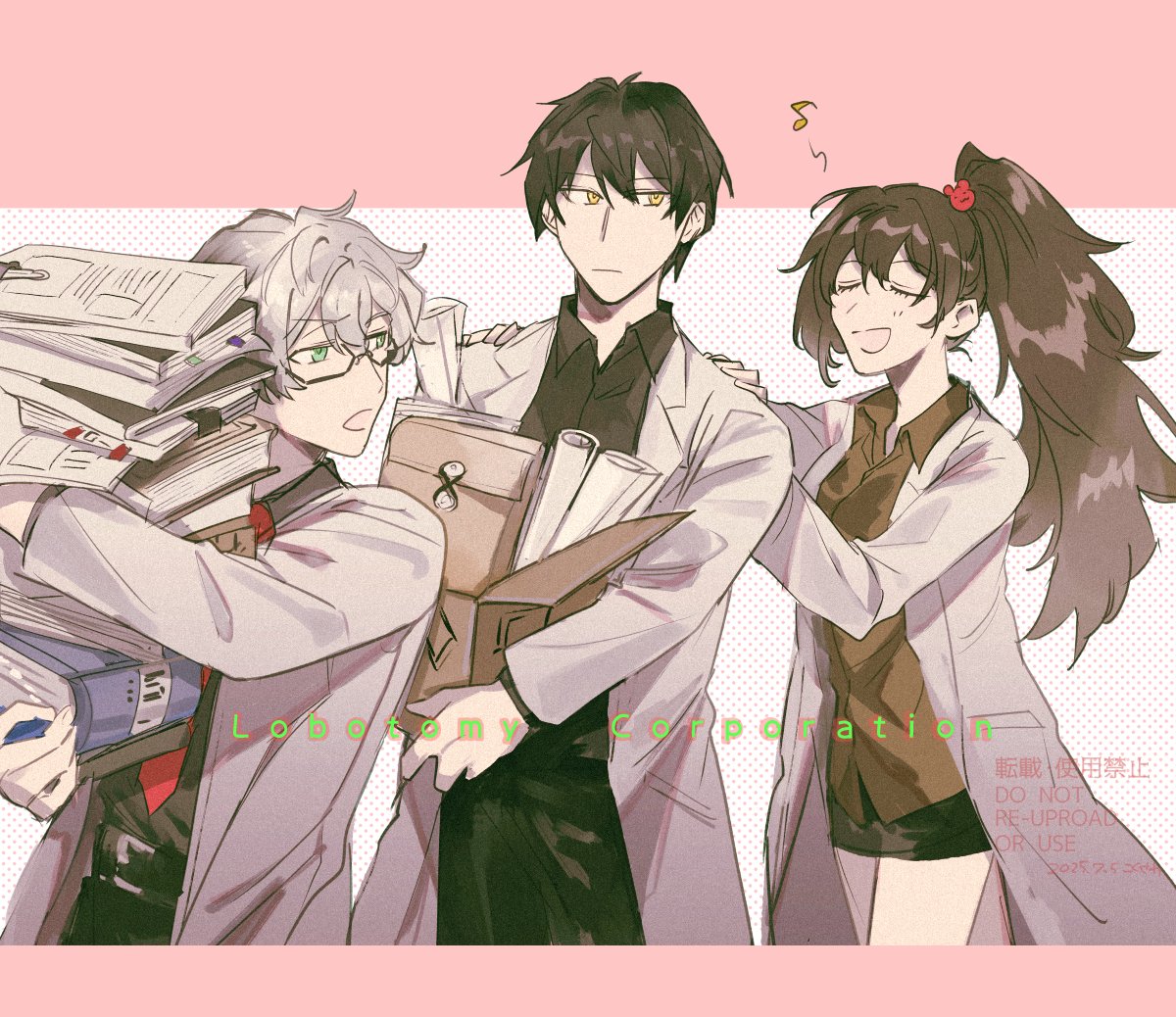 ko bammm, ayin (project moon), benjamin (project moon), carmen (project moon), lobotomy corporation, project moon, 1girl, 2boys, bear hair ornament, black hair, black shirt, book, border, box, brown hair, brown shirt, closed eyes, coat, collared shirt, glasses, green eyes, grey hair, hair ornament, high ponytail, holding, holding book, holding box, lab coat, long hair, long sleeves, looking at another, multiple boys, musical note, necktie, open mouth, pink border, ponytail, red necktie, shirt, simple background, standing, upper body, white background, white coat, yellow eyes