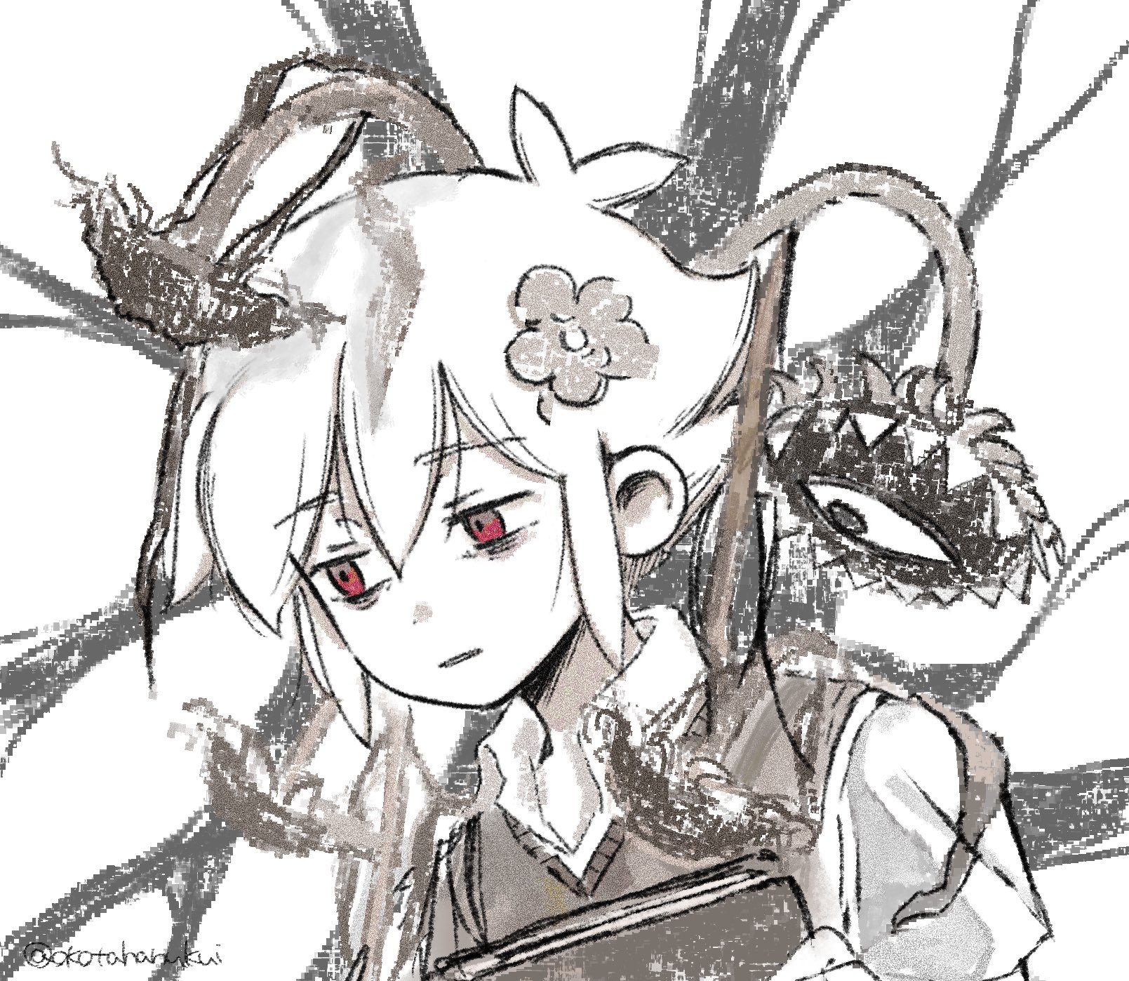 basil (faraway) (omori), basil (omori), something (omori), omori, hashtag-only commentary, highres, 1boy, antenna hair, collared shirt, flower, greyscale, hair flower, hair ornament, male focus, monochrome, okotahanukui, parted lips, red eyes, shirt, short hair, short sleeves, solo, spot color, sweater vest