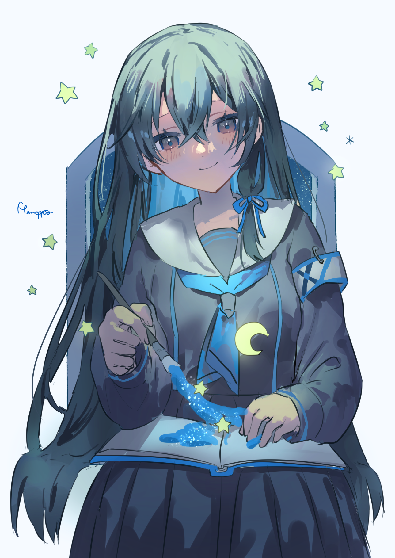 memeppo, indie virtual youtuber, commentary request, commission, highres, skeb commission, 1girl, armband, black hair, black shirt, black skirt, blue neckerchief, blush, book, brown eyes, cowboy shot, crescent, long hair, long sleeves, looking at viewer, neckerchief, open book, paintbrush, painting (action), pleated skirt, shirt, signature, simple background, sitting, skirt, smile, solo, star (symbol), toiro reina, very long hair, white background