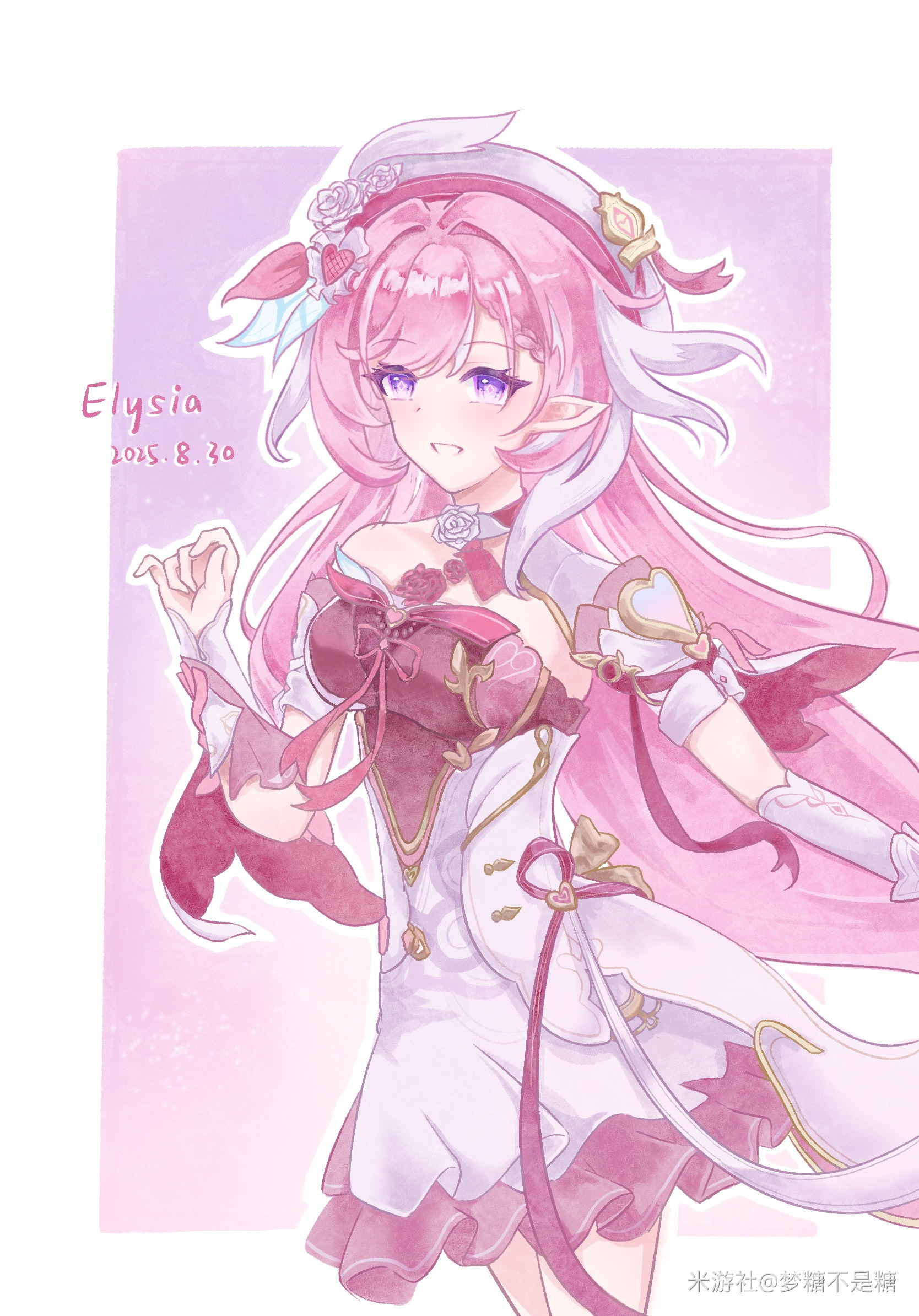 elysia (honkai impact), honkai (series), honkai impact 3rd, chinese commentary, commentary request, highres, 1girl, beret, border, breasts, character name, dated, diamond-shaped pupils, diamond (shape), dress, elf, elysia (hi elf of love) (honkai impact), hat, large breasts, long hair, meng tang bushi tang, miyoushe watermark, multicolored hair, pink background, pink hair, pointy ears, purple eyes, red dress, smile, solo, symbol-shaped pupils, two-tone dress, two-tone hair, very long hair, watermark, white border, white dress, white hair, white hat