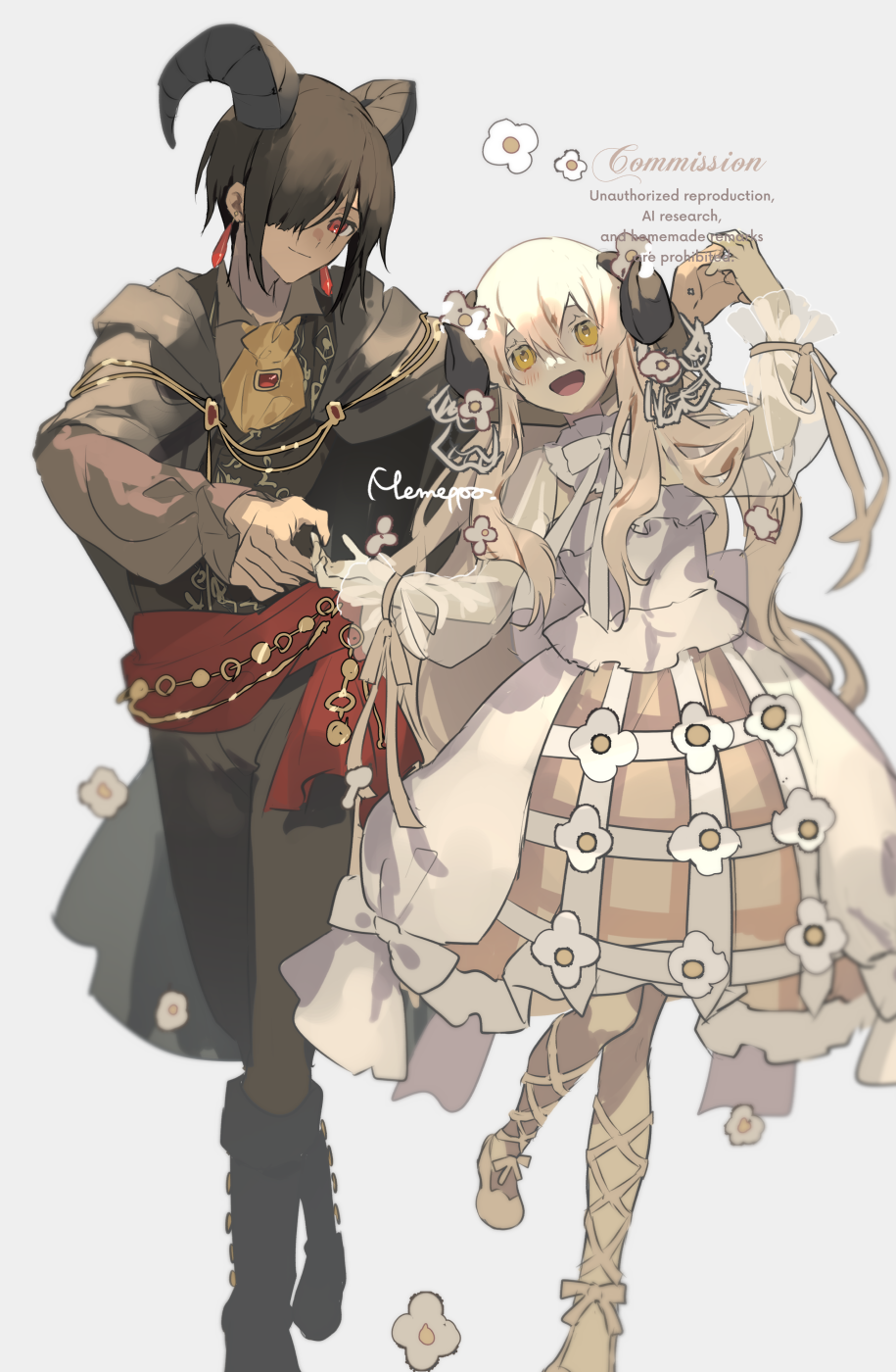 memeppo, original, clothing request, commentary request, commission, highres, skeb commission, 1boy, 1girl, belt, black cape, black pants, blonde hair, brown hair, cape, closed mouth, dress, earrings, flower, full body, goat horns, grey background, hair over one eye, holding hands, horns, jewelry, long hair, looking at another, open mouth, pants, red belt, red eyes, sheep horns, simple background, smile, watermark, white dress, yellow eyes