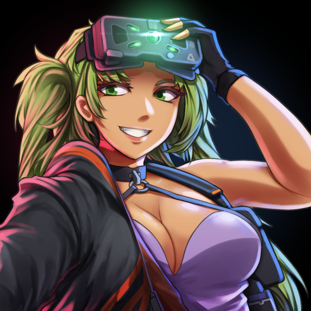 ryxsen1421, original, commission, 1girl, bag, black background, black bag, black jacket, breasts, collar, eyelashes, fang, fingerless gloves, gloves, green eyes, green hair, holding, holding strap, jacket, large breasts, long hair, looking at viewer, open mouth, portrait, purple shirt, shirt, shoulder bag, simple background, sleeveless, sleeveless shirt, smile, solo, starsector, teeth, twintails