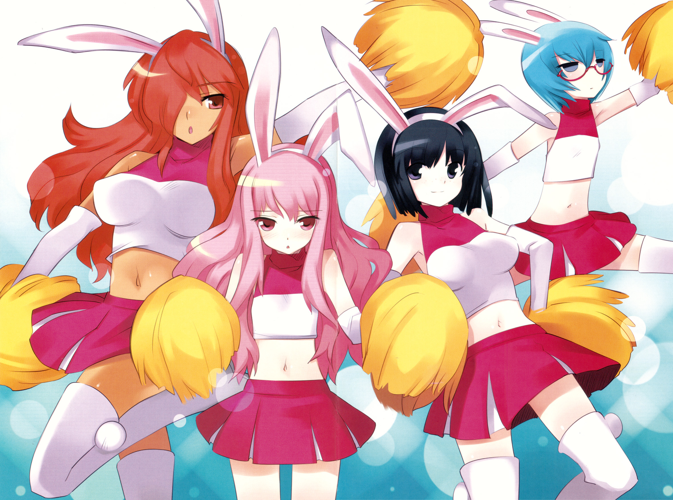 usatsuka eiji, kirche augusta frederica von anhalt zerbst, louise francoise le blanc de la valliere, siesta (zero no tsukaima), tabitha (zero no tsukaima), zero no tsukaima, white legwear, highres, 00s, animal ears, blush, breasts, cheerleader, dark-skinned female, dark skin, elbow gloves, flat chest, glasses, gloves, long hair, midriff, pom pom (cheerleading), rabbit ears, skirt, thighhighs