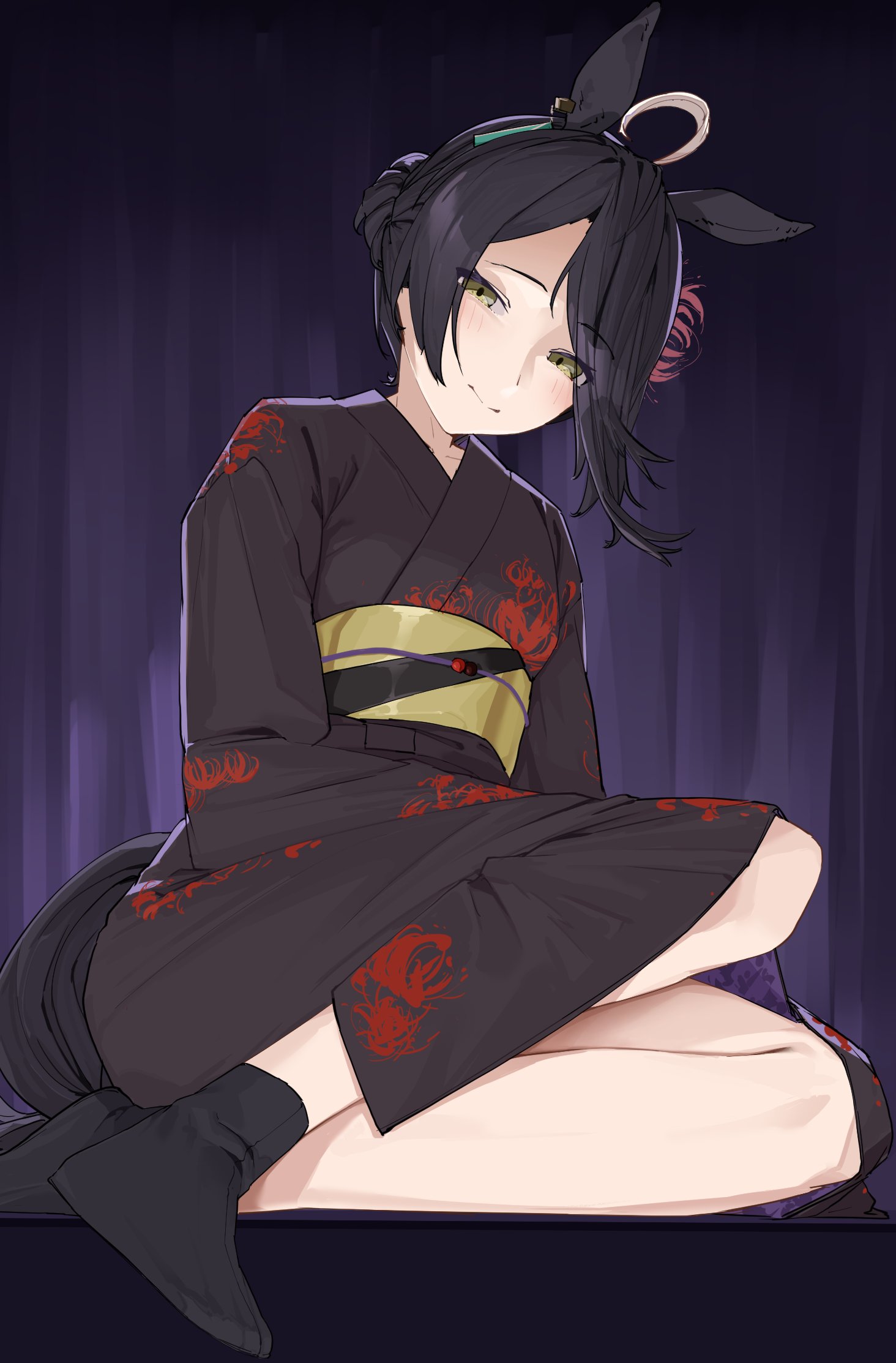 takamaza, manhattan cafe (umamusume), umamusume, highres, 1girl, ahoge, animal ears, black hair, black kimono, black socks, blush, closed mouth, floral print, flower, hair bun, hair flower, hair ornament, horse ears, horse girl, horse tail, japanese clothes, kimono, long bangs, long sleeves, looking at breasts, looking at viewer, medium hair, multicolored hair, obi, red flower, sash, single hair bun, sitting, smile, socks, solo, spider lily, tail, white hair, yellow eyes, yellow sash, yokozuwari