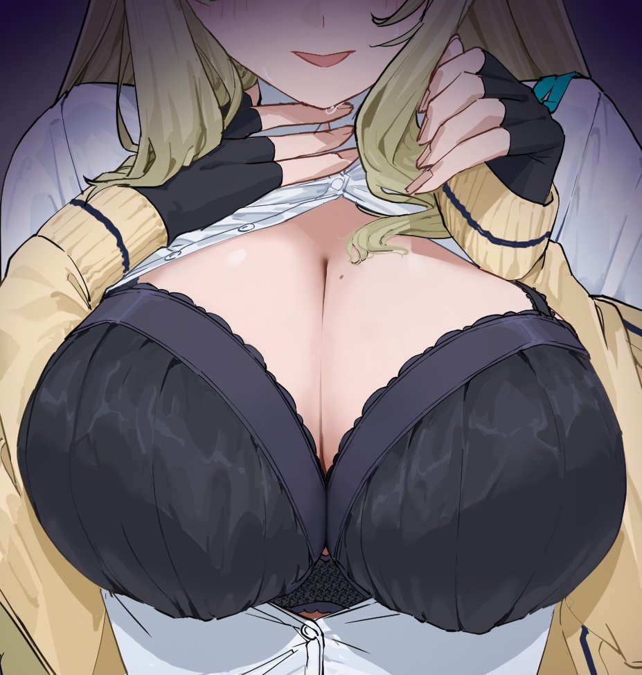 takamaza, nonomi (blue archive), blue archive, 1girl, black bra, black gloves, blonde hair, bra, breasts, cleavage, collared shirt, embarrassed, fingerless gloves, gloves, hair over breasts, hands on own chest, hands up, jacket, long hair, long sleeves, mole, mole on breast, off shoulder, open clothes, open shirt, parted lips, shirt, smile, solo, sweatdrop, underwear, very long hair, white shirt, yellow jacket