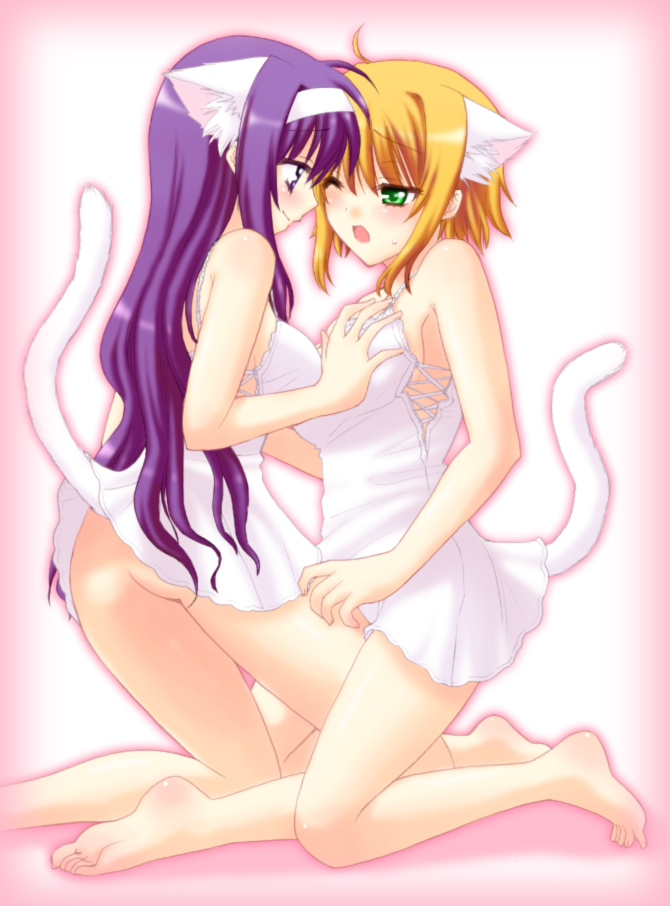 ahoge, animal ears, ass, blush, cat ears, cat tail, long hair, no panties, short hair, skirt, tail, yuri