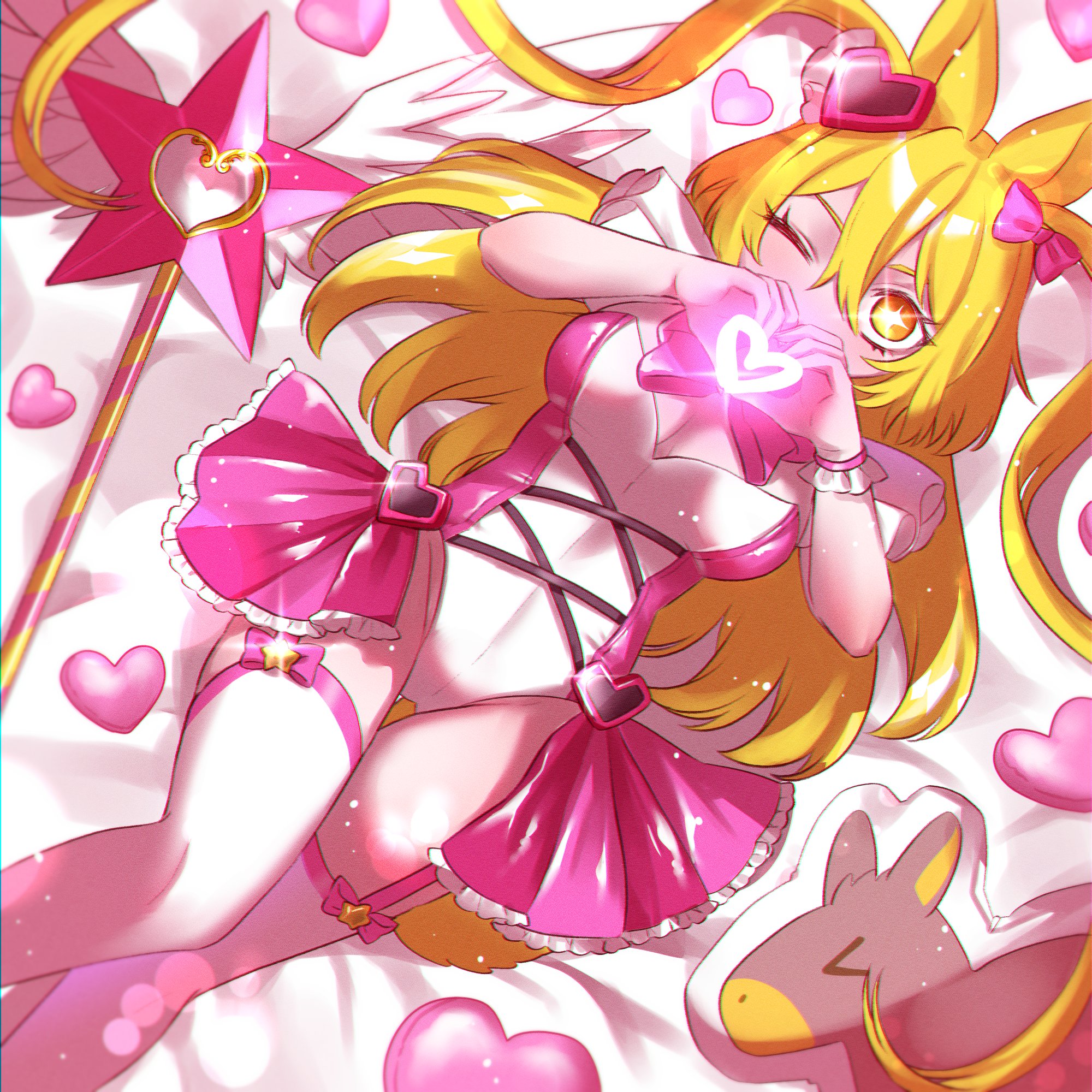 yue doux, don quixote (project moon), limbus company, project moon, highres, + +, 1girl, adapted costume, animal ears, blonde hair, bow, breasts, cleavage, e.g.o (project moon), hair bow, hair ornament, heart, heart hair ornament, heart hands, in the name of love and hate (e.g.o), leotard, long hair, looking at viewer, lying, on back, one eye closed, pink background, pink bow, pink leotard, playboy bunny, rabbit ears, simple background, solo, thighhighs, two side up, upper body, white background, white thighhighs, winged wand, yellow eyes