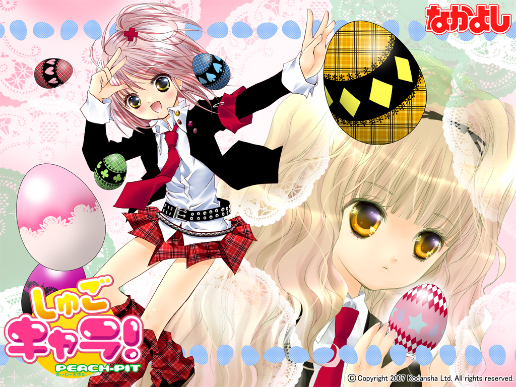 peach-pit, amu hinamori, hinamori amu, mashiro rima, shugo chara!, official art, official wallpaper, scan, 2girls, blonde hair, blush, easter, easter egg, egg, goth fashion, hair ornament, long hair, multiple girls, necktie, pink hair, school uniform, serafuku, short hair, skirt