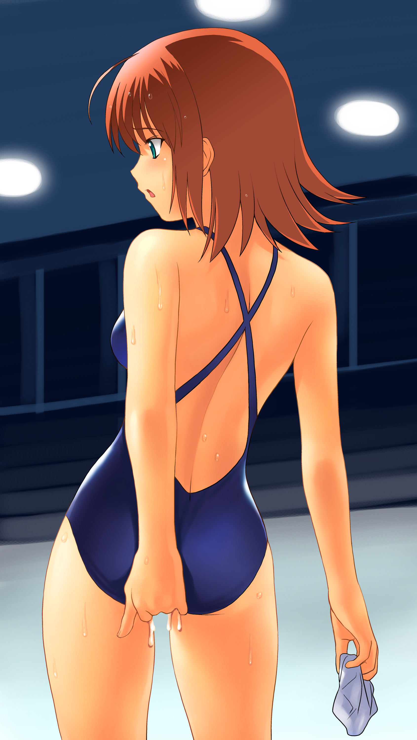a1 (initial-g), suzumiya akane, kimi ga nozomu eien, absurdres, highres, 00s, 1girl, ahoge, ass, blush, cum, female focus, one-piece swimsuit, red hair, short hair, solo, sweat, swimsuit, wet