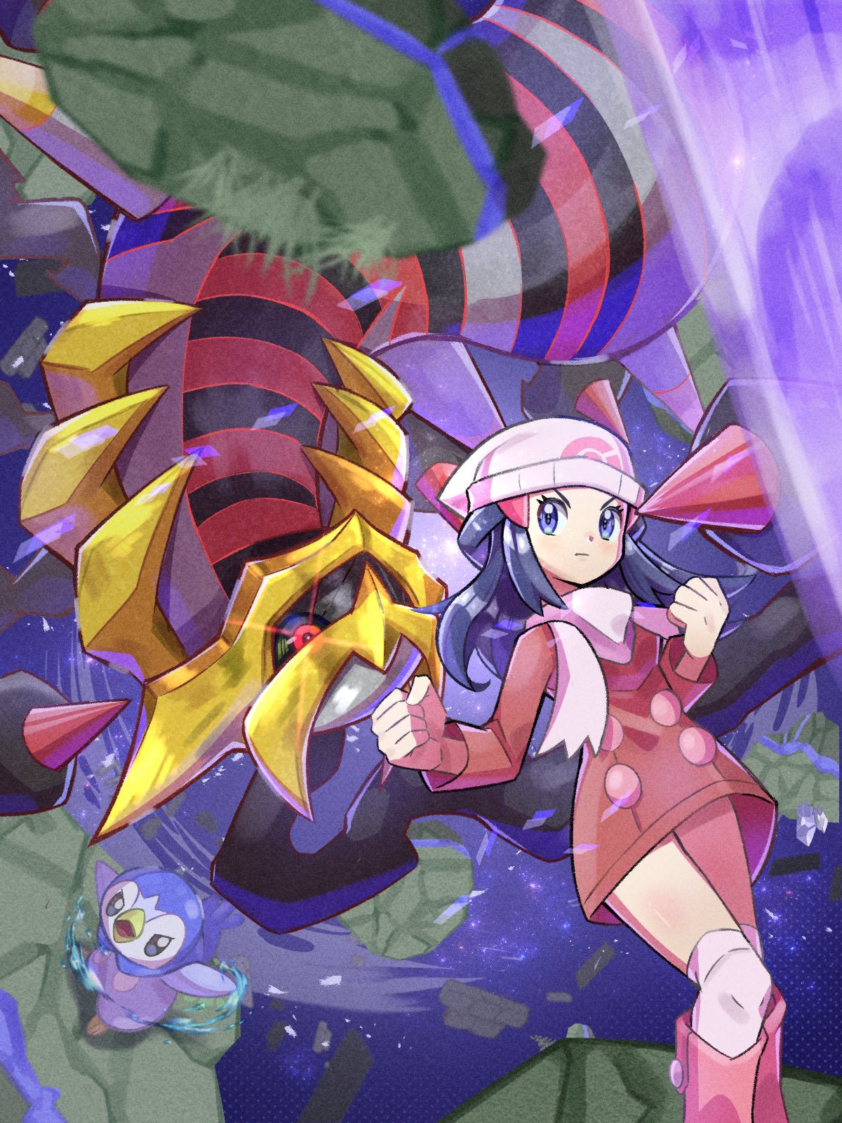 inana umi, dawn (pokemon), giratina, piplup, pokemon, pokemon dppt, 1girl, distortion world, gen 4 pokemon, legendary pokemon, pokemon (creature)