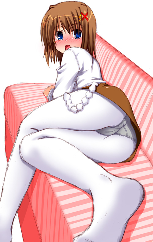 yagami hayate, lyrical nanoha, mahou shoujo lyrical nanoha, mahou shoujo lyrical nanoha strikers, 00s, 1girl, ass, blue eyes, blush, breasts, brown hair, cameltoe, female focus, hair ornament, necktie, panties, panties over pantyhose, panties under pantyhose, pantyhose, pantyshot, short hair, solo, underwear, white pantyhose, x hair ornament