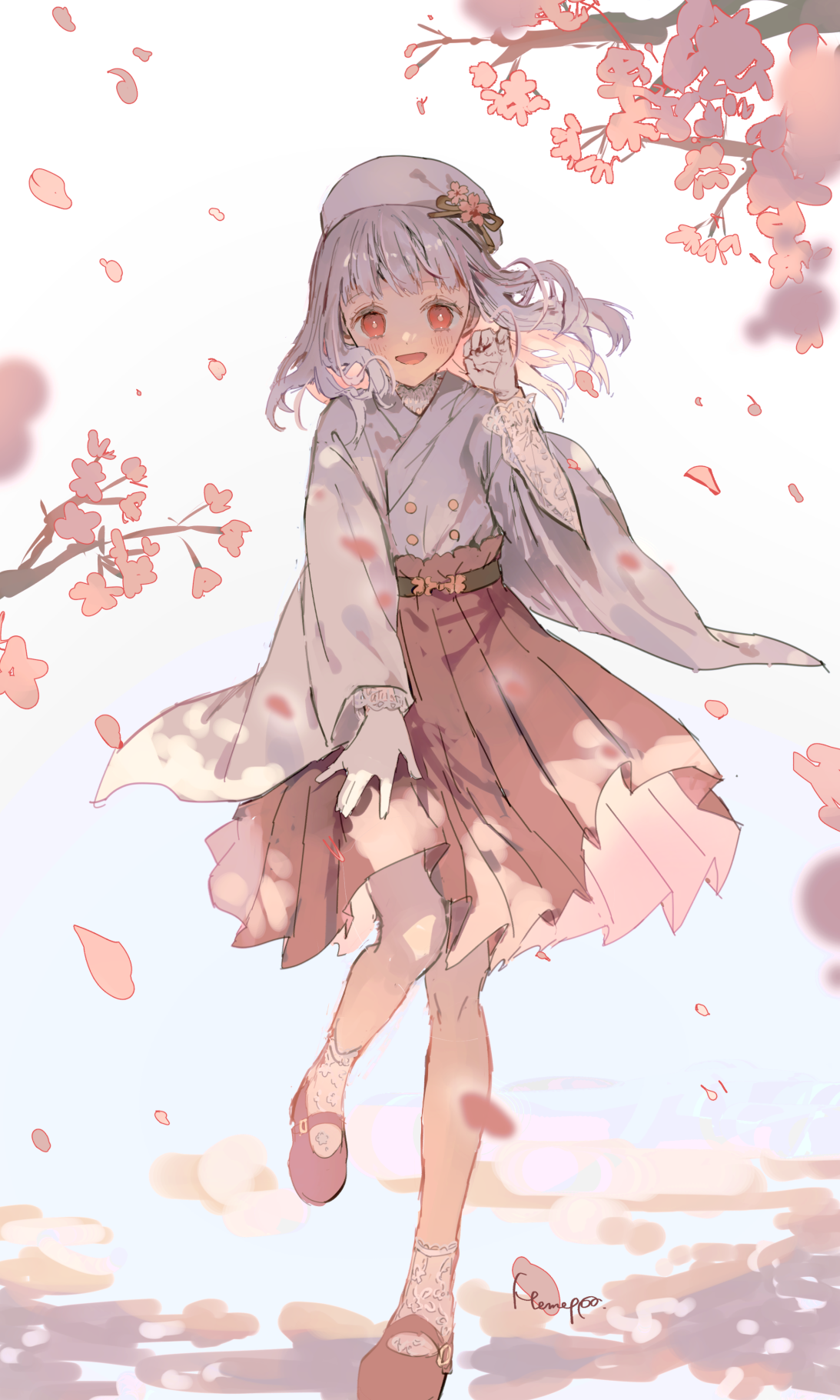 memeppo, original, commentary request, commission, highres, skeb commission, 1girl, bandaged hand, bandages, blush, bright pupils, cherry blossoms, full body, grey hair, hakama, hakama skirt, hand up, hat, japanese clothes, kimono, leaning forward, long sleeves, looking at viewer, open mouth, pink shoes, pink skirt, pleated skirt, red eyes, shoes, short hair, signature, skirt, smile, socks, solo, white hat, white kimono, white pupils, white socks, wide sleeves