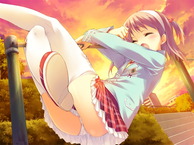 kawata hisashi, nanako (to heart 2), to heart (series), to heart 2, to heart 2 ad, game cg, 00s, 1girl, blush, female focus, flat chest, horizontal bar, loli, panties, print panties, purple hair, school uniform, serafuku, short hair, short twintails, solo, tears, thighhighs, twintails, two side up, underwear, white panties