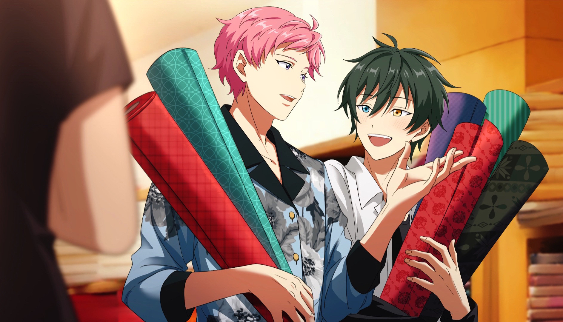 sekai yoni, itsuki shu, kagehira mika, ensemble stars!, commentary, english commentary, highres, 1other, 2boys, blue eyes, blurry, blurry background, blush, buttons, collared shirt, fingernails, floral print, green hair, hand up, heterochromia, holding, looking at another, male focus, multiple boys, open mouth, orange eyes, outstretched hand, pink hair, purple eyes, shirt, short hair, smile, teeth, three-quarter sleeves, upper body, upper teeth only, valkyrie (ensemble stars!)