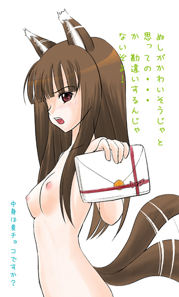 holo, spice and wolf, translation request, 00s, 1girl, animal ears, breasts, female focus, gift, holding, holding gift, incoming gift, long hair, nipples, nude, small breasts, solo, tail, tail wagging, tsundere, valentine, wolf ears, wolf tail
