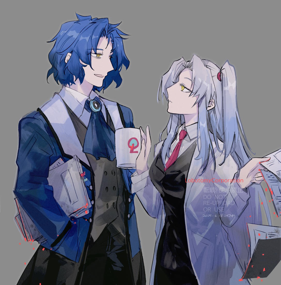 ko bammm, angela (project moon), chesed (project moon), lobotomy corporation, project moon, 1boy, 1girl, ascot, black vest, blue ascot, blue coat, blue hair, closed mouth, coat, collared shirt, cup, grey background, grey vest, holding, holding cup, lab coat, long hair, long sleeves, looking at another, low ponytail, necktie, one side up, parted bangs, ponytail, red necktie, shirt, simple background, standing, upper body, vest, white coat, white shirt, yellow eyes