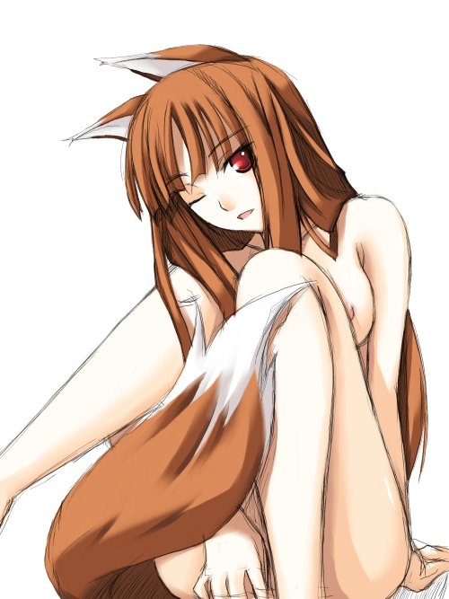 holo, spice and wolf, 00s, animal ears, brown hair, long hair, nude, red eyes, tail, wolf ears, wolf girl