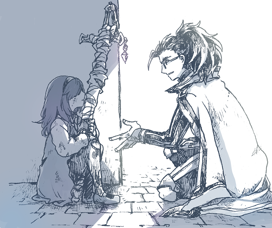 michibata 65, deirdre (another eden), another eden, commentary request, 1boy, 1girl, aged down, brick floor, coat, coat on shoulders, crosshatching, dress, ewan (another eden), eye contact, from side, glasses, greyscale, hairband, hatching (texture), high ponytail, holding, holding sword, holding weapon, knees up, linear hatching, long hair, long sleeves, looking at another, mary janes, monochrome, offering hand to another, on ground, on one knee, outdoors, pants, parted lips, poleyn, ponytail, profile, shade, shoes, sitting, striped sleeves, sword, weapon