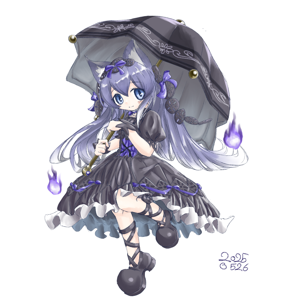 tairui, emil chronicle online, 1girl, animal ears, black boots, black dress, black hairband, black umbrella, black wrist cuffs, blue eyes, blue hair, blue ribbon, boots, dated, dress, fireball, frilled dress, frills, hair ribbon, hairband, holding, holding umbrella, lace hairband, long hair, ribbon, shugoma minazuki, solo, standing, standing on one leg, umbrella, white background, wrist cuffs