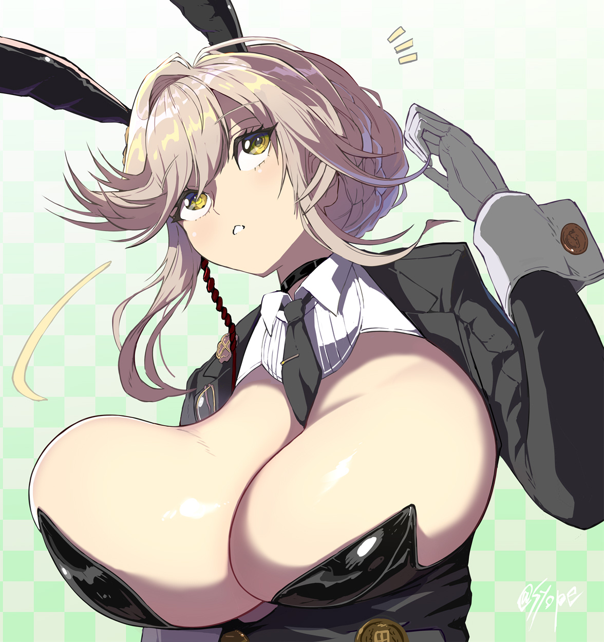syope, ade (agent bunny) (nikke), ade (nikke), goddess of victory: nikke, commentary request, highres, partial commentary, 1girl, animal ear hairband, animal ears, between breasts, black choker, black jacket, black leotard, black necktie, blonde hair, bouncing breasts, braid, breasts, bun with braided base, checkered background, choker, cleavage, detached collar, earpiece, fake animal ears, glasses, gloves, gradient background, green background, green eyes, hair between eyes, hair bun, hairband, hand up, jacket, large breasts, leotard, long hair, long sleeves, looking up, motion lines, necktie, necktie between breasts, notice lines, official alternate costume, parted lips, playboy bunny, rabbit ear hairband, rabbit ears, sidelocks, signature, solo, standing, strapless, strapless leotard, swept bangs, undersized breast cup, unworn eyewear, upper body, white gloves, wrist cuffs