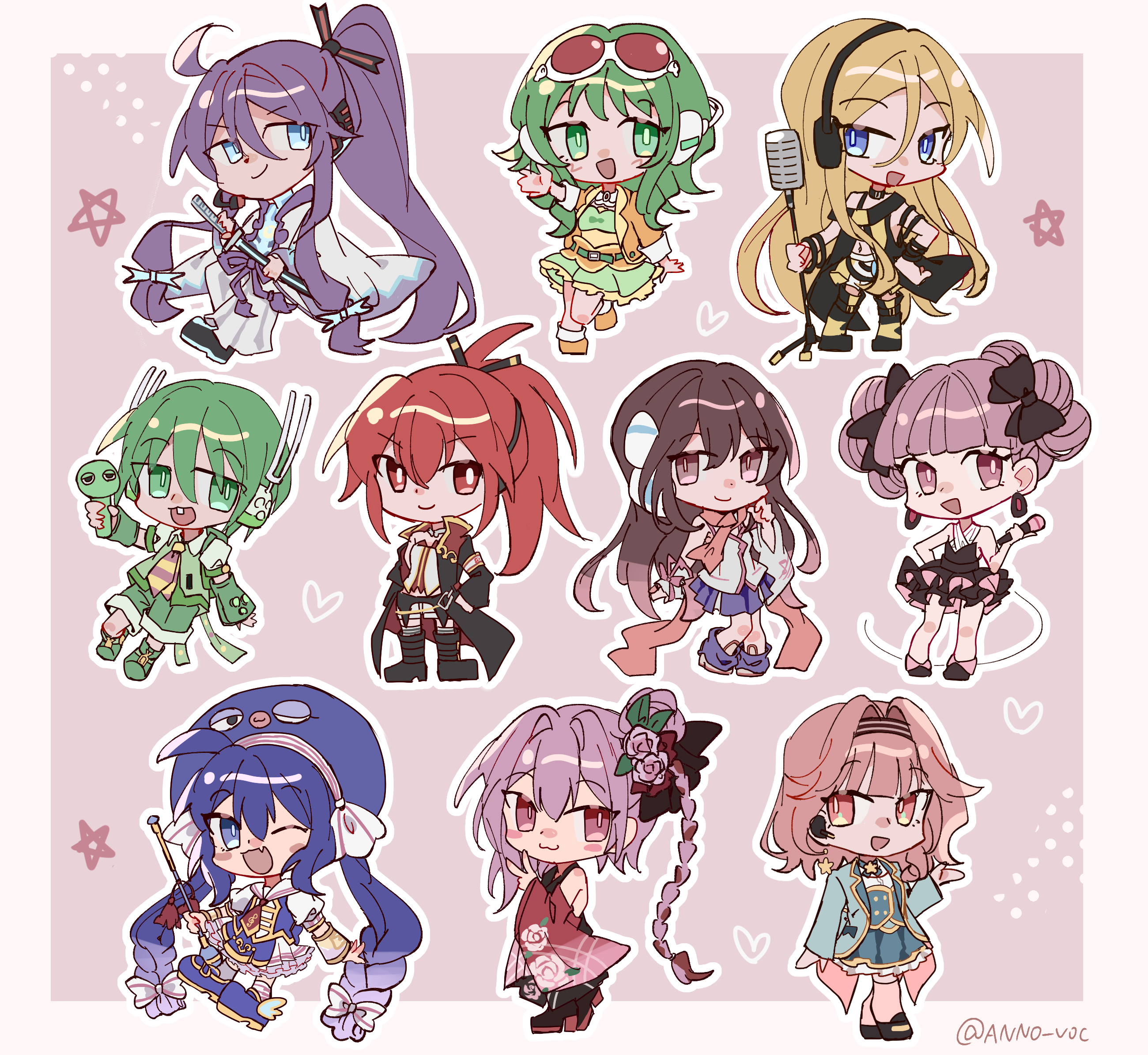 anno voc, chika (vocaloid), cul, gumi, kamui gakupo, kokone (vocaloid), lily (vocaloid), otomachi una, otomachi una (sugar), ryuuto (vocaloid), cevio, vocaloid, character request, check character, commentary request, highres, 2boys, 6+girls, :3, :d, ;d, absurdly long hair, arm guards, bare shoulders, black boots, black coat, black ribbon, black shoes, blonde hair, blue eyes, blue hair, blue hat, blue shoes, blue skirt, blunt bangs, boots, border, bow, braid, bright pupils, brown hair, chibi, chibi only, closed mouth, coat, double-parted bangs, double bun, earrings, eel hat, frilled skirt, frills, full body, green arm warmers, green eyes, green hair, green shoes, green shorts, green skirt, green sweater vest, hair behind ear, hair between eyes, hair bun, hair ribbon, halftone, halftone background, hand on own hip, hat, hat bow, headphones, heart, hibiki koto, high ponytail, holding, holding microphone, holding microphone stand, jacket, jewelry, knee boots, large hat, long hair, long sleeves, looking at viewer, low twin braids, microphone, microphone stand, miniskirt, multiple boys, multiple girls, one eye closed, open clothes, open coat, open jacket, open mouth, orange jacket, orange shoes, outline, outside border, pink eyes, pleated skirt, ponytail, puffy short sleeves, puffy sleeves, purple hair, red eyes, red hair, red scarf, ribbon, rosa (cevio), scarf, shirt, shoes, short hair, short sleeves, shorts, single bare shoulder, single braid, skirt, slit pupils, smile, standing, standing on one leg, star (symbol), strapless, strapless shirt, sweater vest, twin braids, v, very long hair, white border, white bow, white outline, white pupils, white shirt