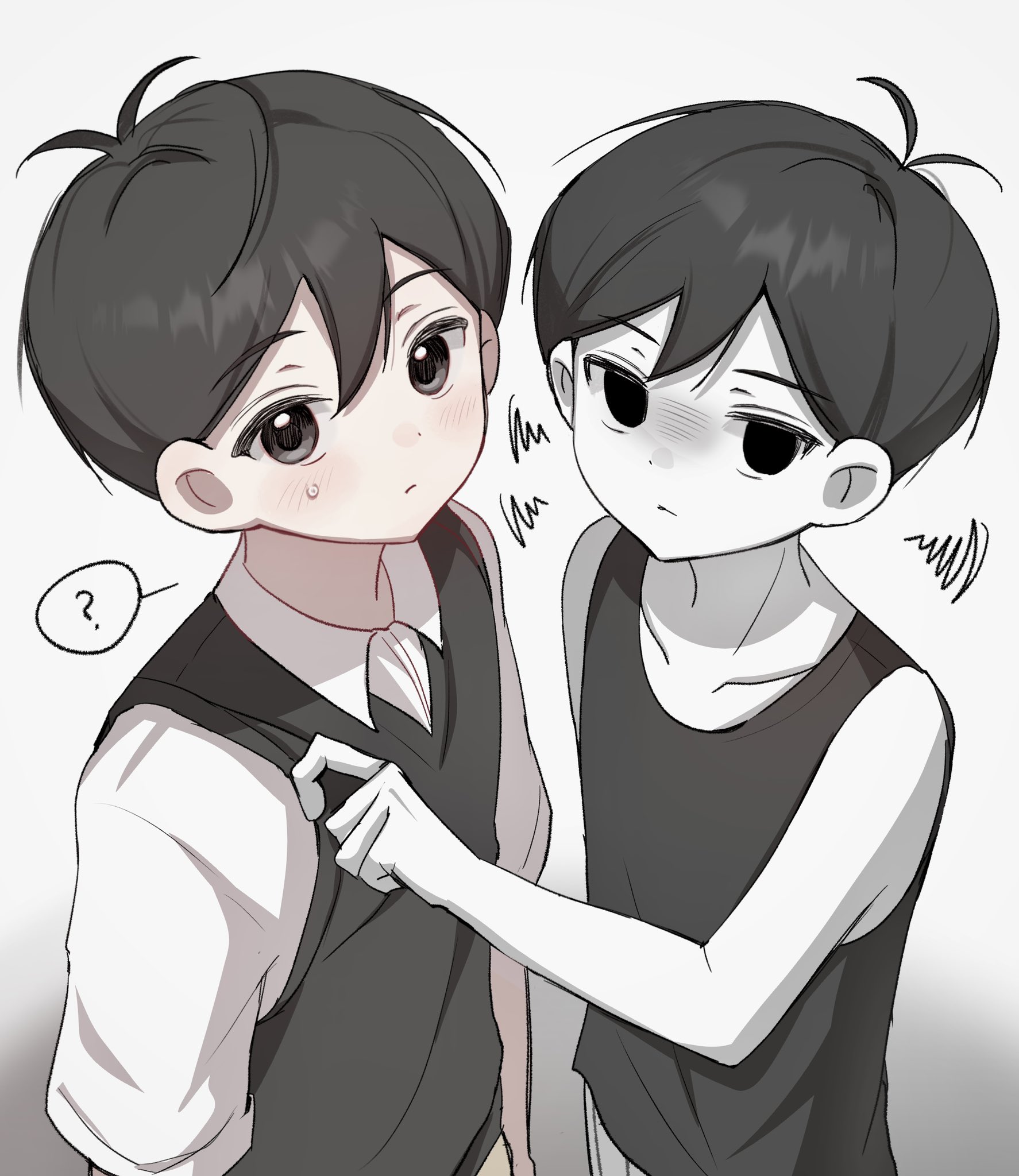 omori (omori), sunny (omori), omori, highres, 2boys, ?, antenna hair, black eyes, black hair, black sweater vest, black tank top, closed mouth, collarbone, collared shirt, colored skin, double-parted bangs, dual persona, hair between eyes, looking at viewer, male focus, multiple boys, shirt, short hair, short sleeves, speech bubble, spoken question mark, sweatdrop, sweater vest, tank top, white shirt, white skin, wktdms1