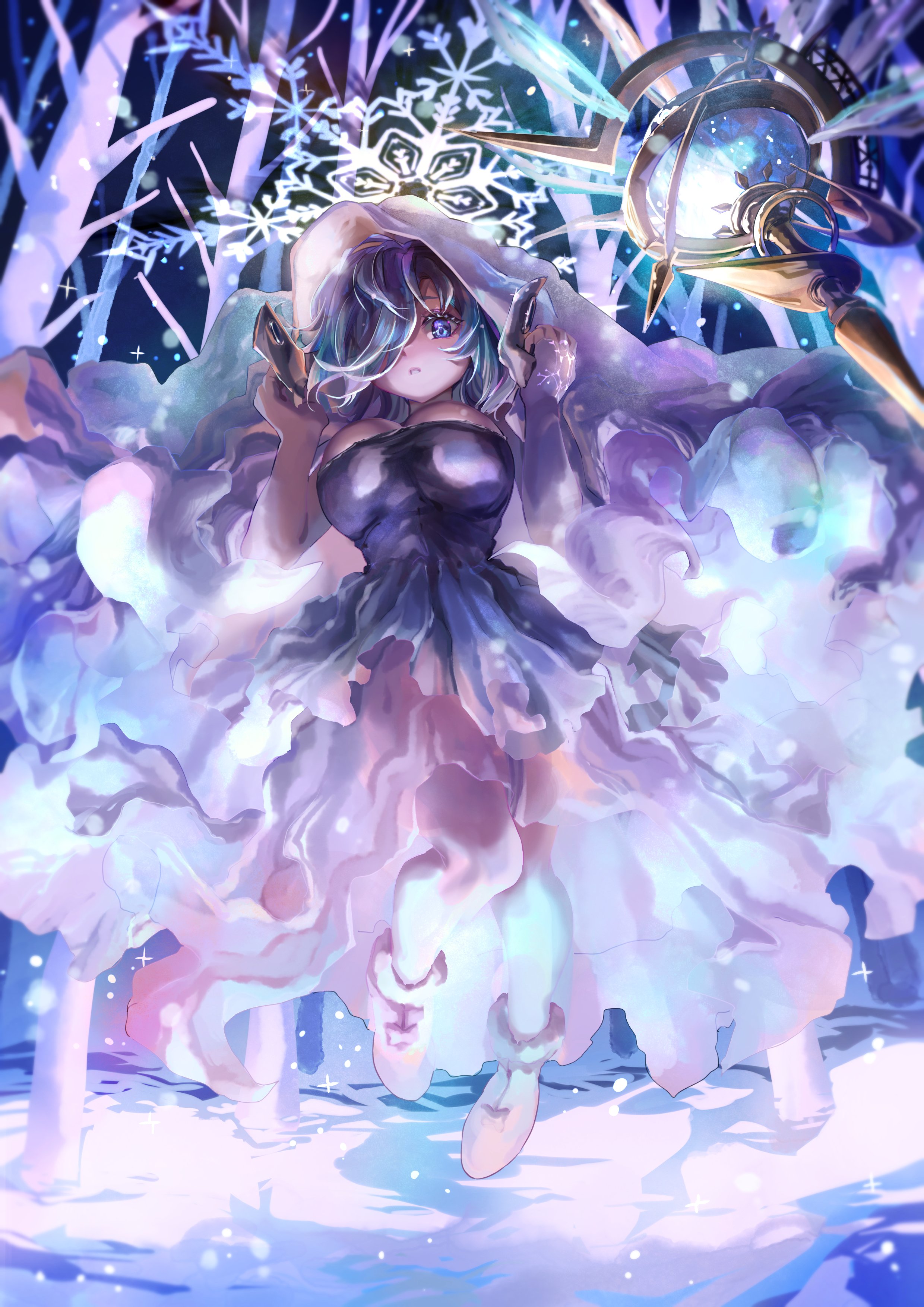 ali woli, mementomori (game), absurdres, commission, highres, skeb commission, 1girl, aqua hair, black dress, blue eyes, breasts, cloak, dress, from below, fur-trimmed shoes, hair over one eye, hood, hood up, hooded cloak, large breasts, lunalynn (mementomori), pantyhose, shoes, snowflakes, solo, sparkle, wand, white cloak, white pantyhose, white shoes