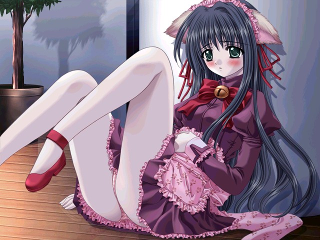 nishimata aoi, sagawa midori, 21 two one, 1girl, animal ears, bell, black hair, blush, bow, cat ears, cat girl, dress, fake animal ears, female focus, green eyes, jingle bell, long hair, long sleeves, looking at viewer, maid, maid headdress, open mouth, pale skin, panties, pink dress, pink panties, plant, potted plant, puffy sleeves, red bow, red shoes, shoes, sitting, solo, striped clothes, striped panties, tree, underwear, waitress