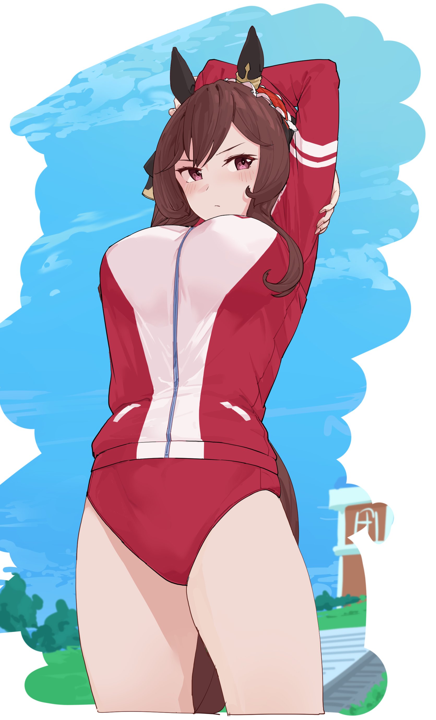 takamaza, gentildonna (umamusume), umamusume, absurdres, highres, 1girl, animal ears, arms up, black ribbon, blue sky, blush, breasts, brown hair, building, buruma, closed mouth, ear ornament, grass, hair between eyes, hair ribbon, hand on own arm, horse ears, horse girl, horse tail, jacket, large breasts, long sleeves, multicolored hair, multicolored jacket, red buruma, red eyes, red jacket, ribbon, sky, solo, stretching, tail, thighs, track jacket, two-tone jacket, white jacket
