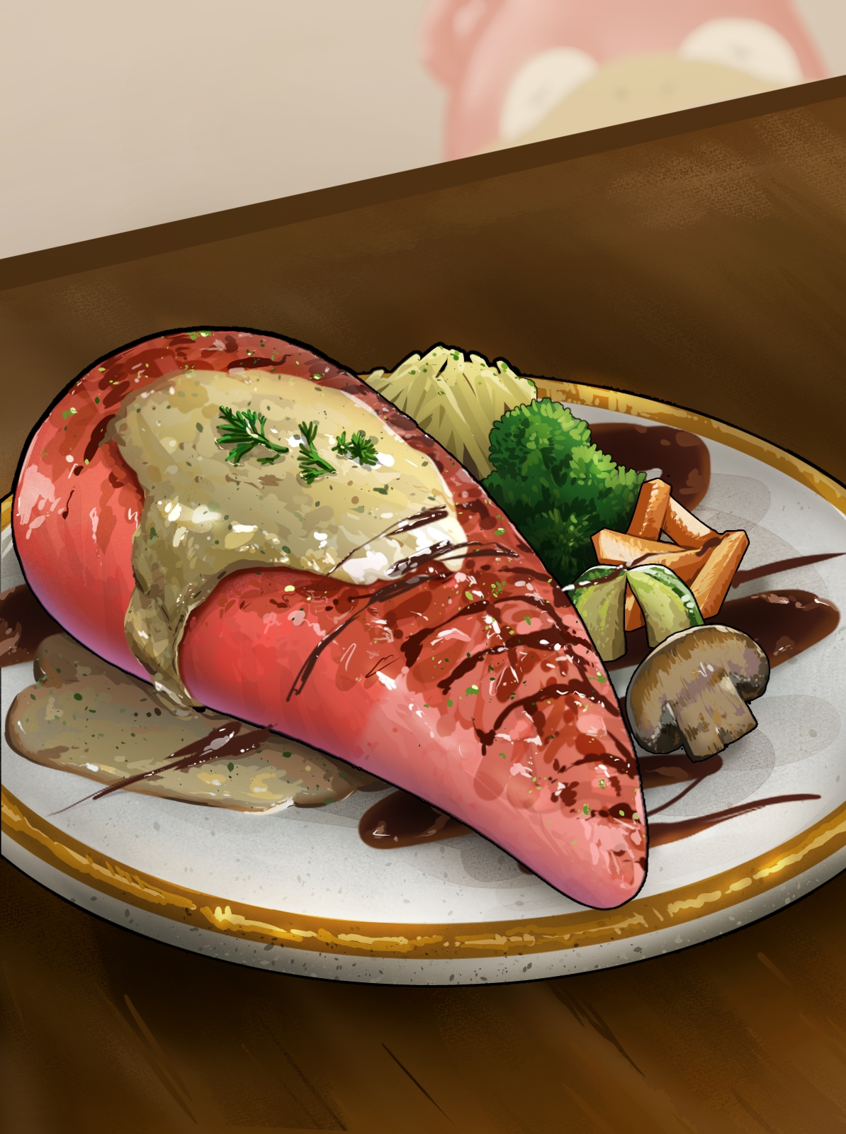 wldud9 9, slowpoke, nintendo, pokemon, commentary request, highres, broccoli, food, food focus, gen 1 pokemon, meat, mushroom, no humans, plate, pokemon (creature), sauce