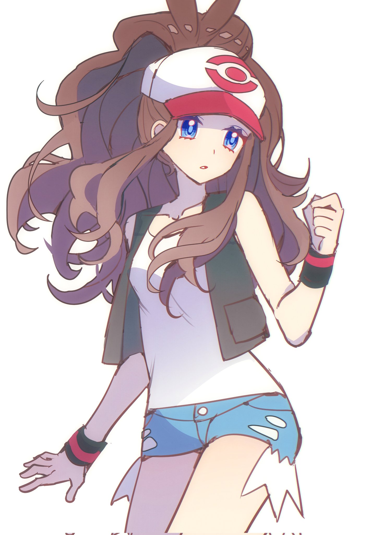 pkm lemon, hilda (pokemon), nintendo, pokemon, pokemon bw, highres, 1girl, bare shoulders, baseball cap, black vest, blue eyes, breasts, brown hair, collarbone, cutoffs, denim, denim shorts, exposed pocket, hat, high ponytail, long hair, looking at viewer, open clothes, open vest, parted lips, ponytail, shirt, short shorts, shorts, sidelocks, simple background, solo, vest, white background, white shirt