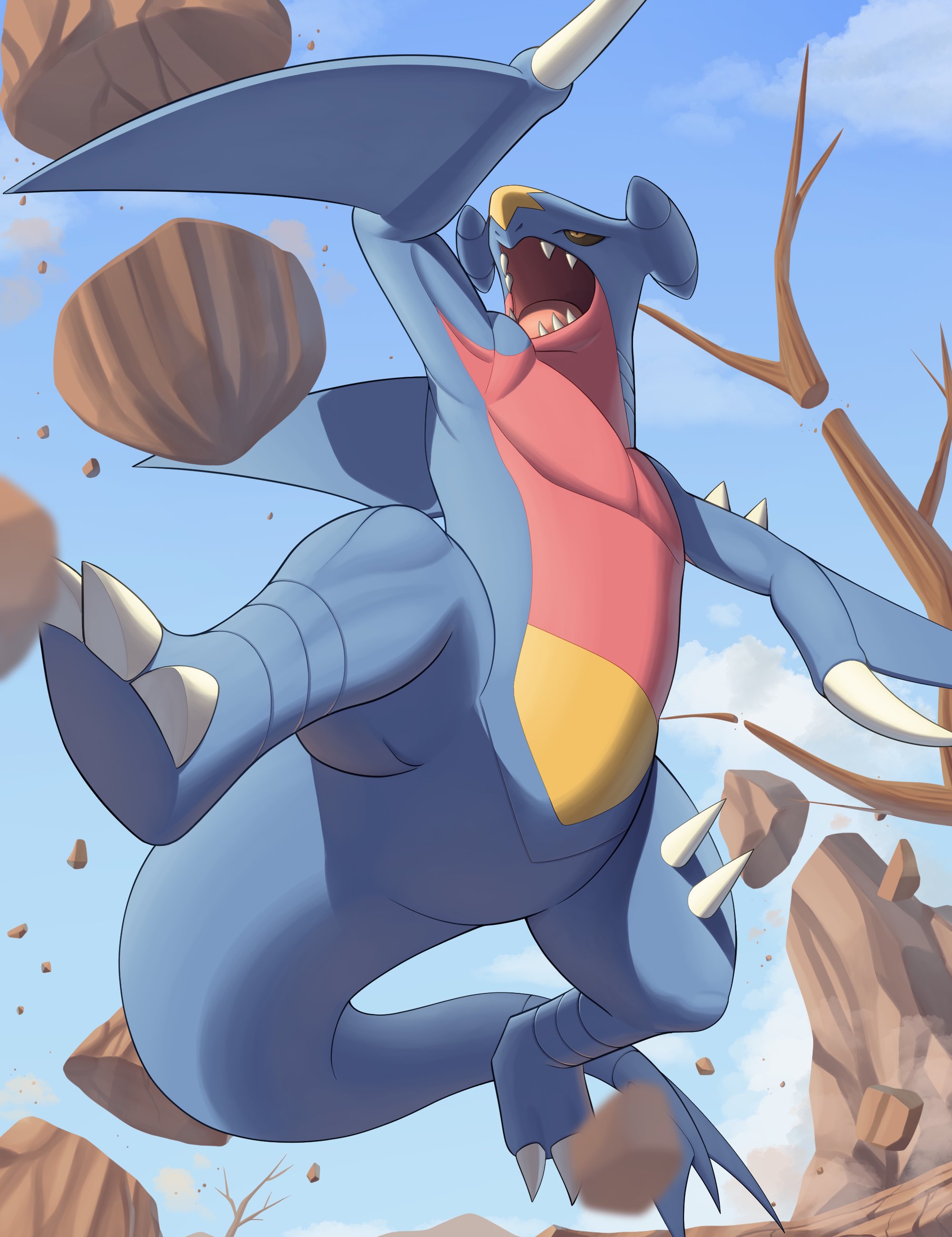 kihada magulo, garchomp, nintendo, pokemon, absurdres, highres, arm fins, black sclera, blue sky, claws, cloud, colored sclera, dragon, fangs, fins, gen 4 pokemon, no humans, open mouth, outdoors, pokemon (creature), pokemon focus, rock, sharp teeth, sky, spikes, tail, teeth, tree, yellow eyes