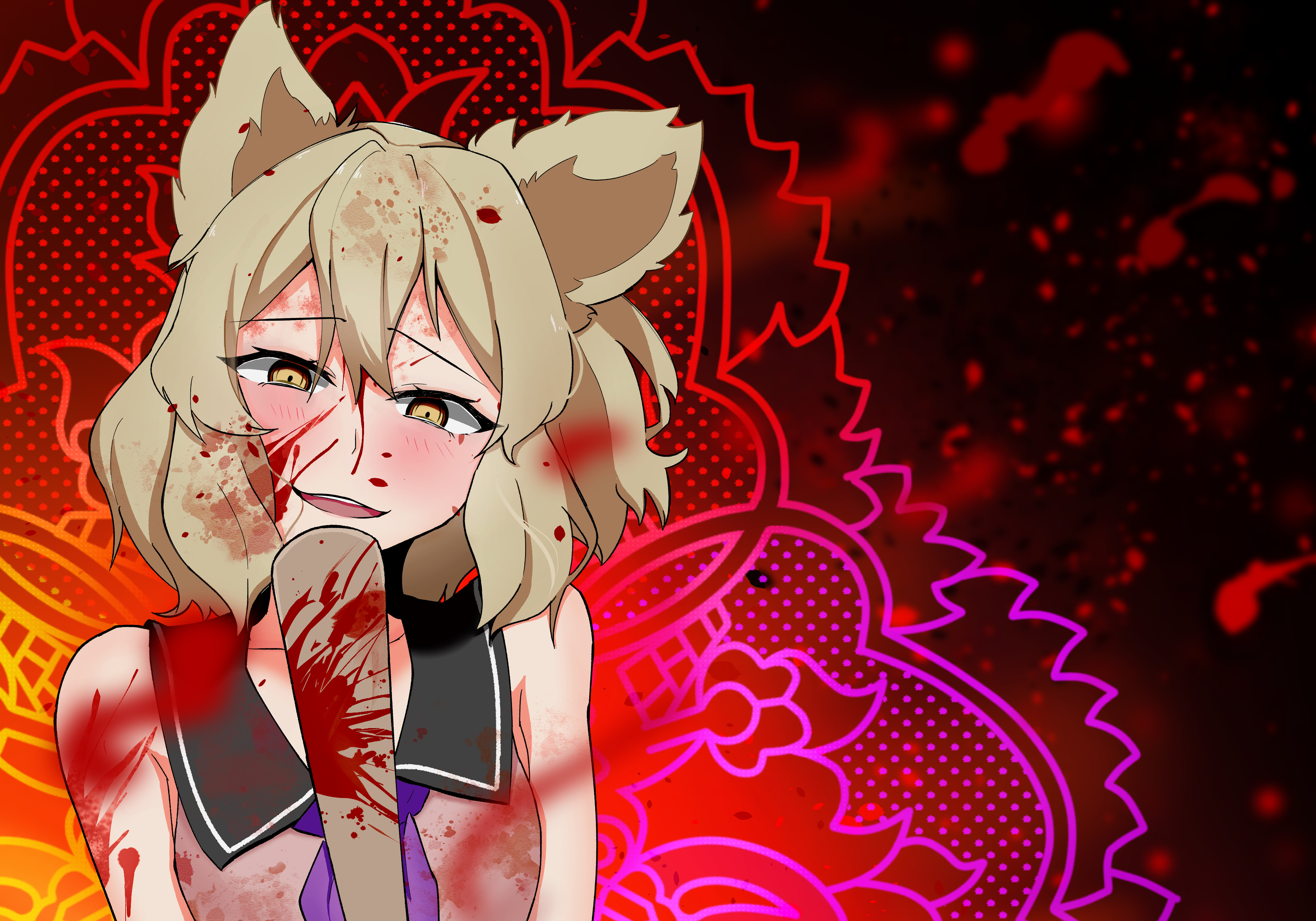 toyosatomimi no miko, touhou, absurdres, highres, 1girl, blonde hair, blue neckerchief, blue sailor collar, blush, brown shirt, medium hair, neckerchief, parted lips, pointy hair, sailor collar, shirt, sirabai hiro, sleeveless, sleeveless shirt, smile, solo, yellow eyes