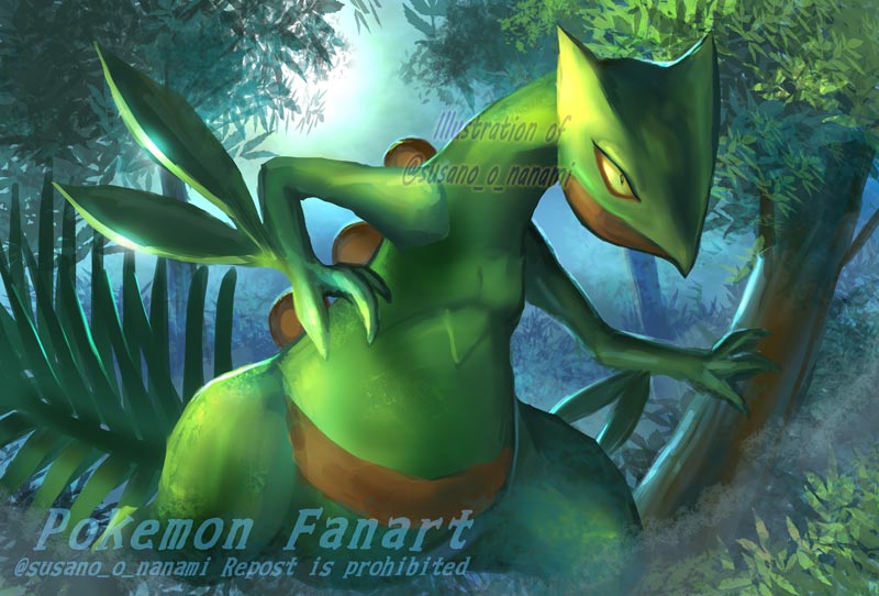 nanami lusia, sceptile, nintendo, pokemon, colored sclera, forest, gen 3 pokemon, grass, leaf, moon, moonlight, nature, night, no humans, outdoors, pokemon (creature), pokemon focus, solo, tail, tree, yellow eyes