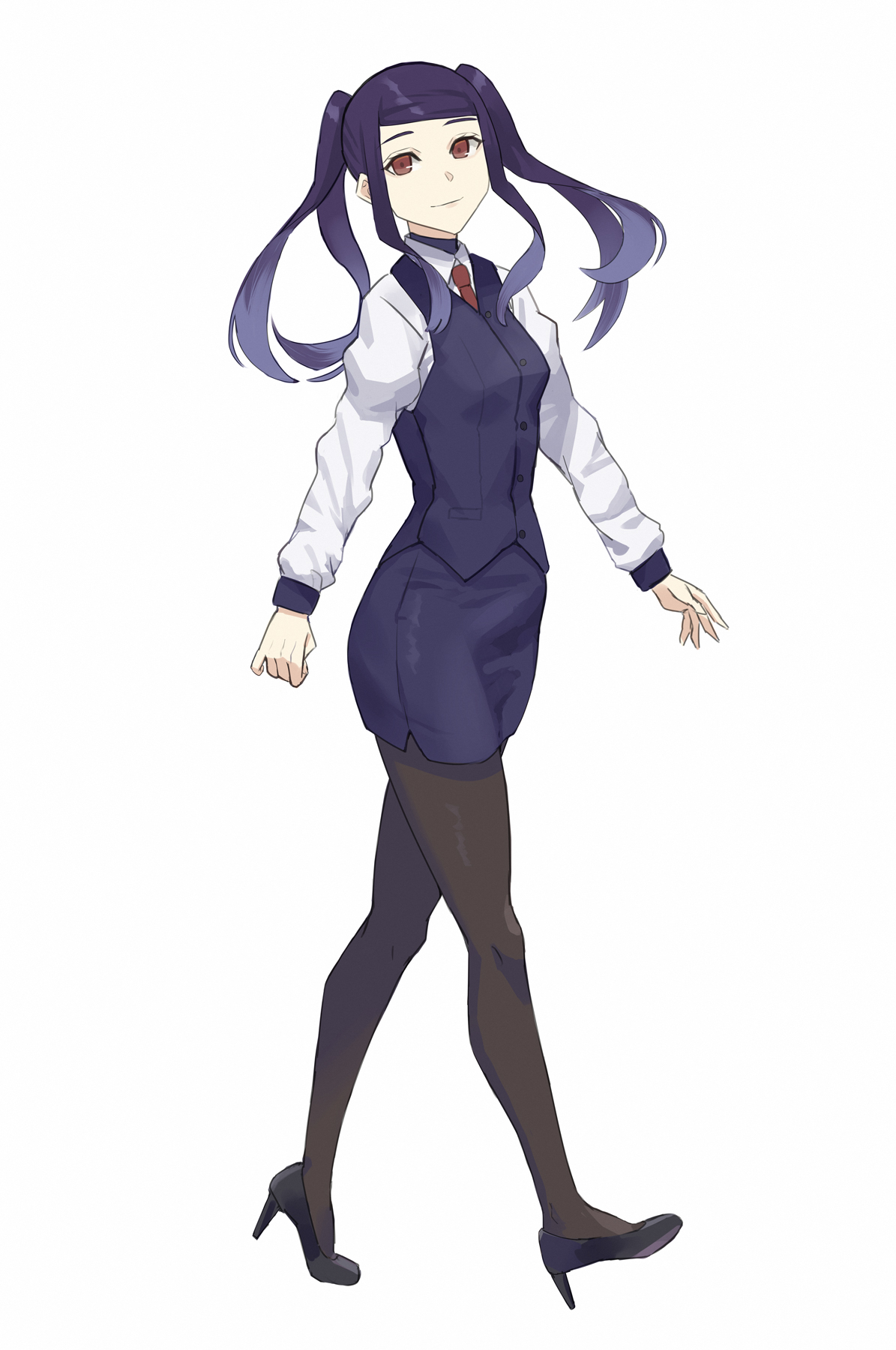 asakiri koko, jill stingray, va-11 hall-a, commentary request, highres, 1girl, black pantyhose, black shoes, blue skirt, blue vest, collared shirt, full body, high heels, long hair, long sleeves, looking at viewer, necktie, pantyhose, pencil skirt, purple hair, red eyes, red necktie, shirt, shoes, sidelocks, simple background, skirt, solo, swept bangs, twintails, vest, walking, white background, white shirt