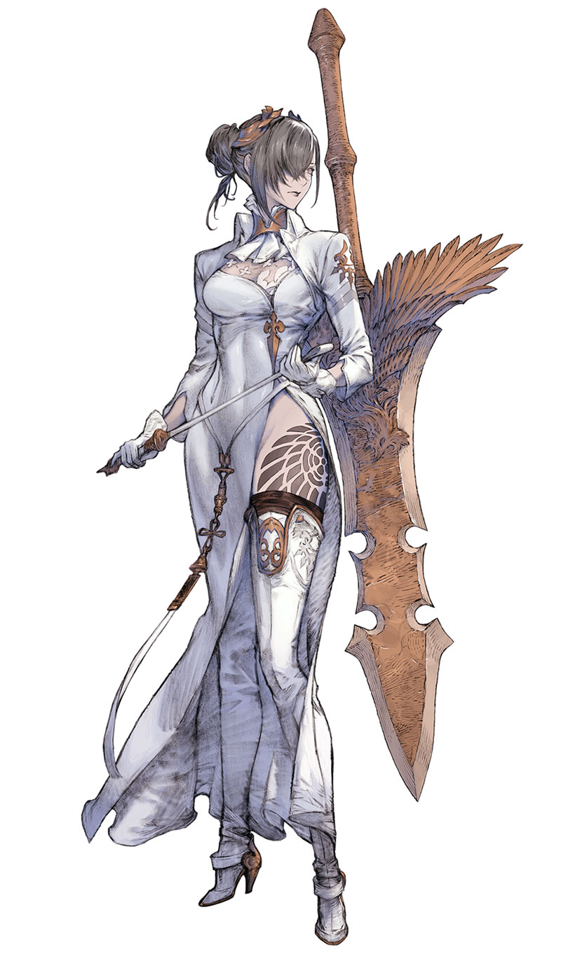 rr (suisse200), akeha (nier reincarnation), nier (series), nier reincarnation, highres, official art, 1girl, dress, long hair, red eyes, simple background, skirt, solo, standing, white background