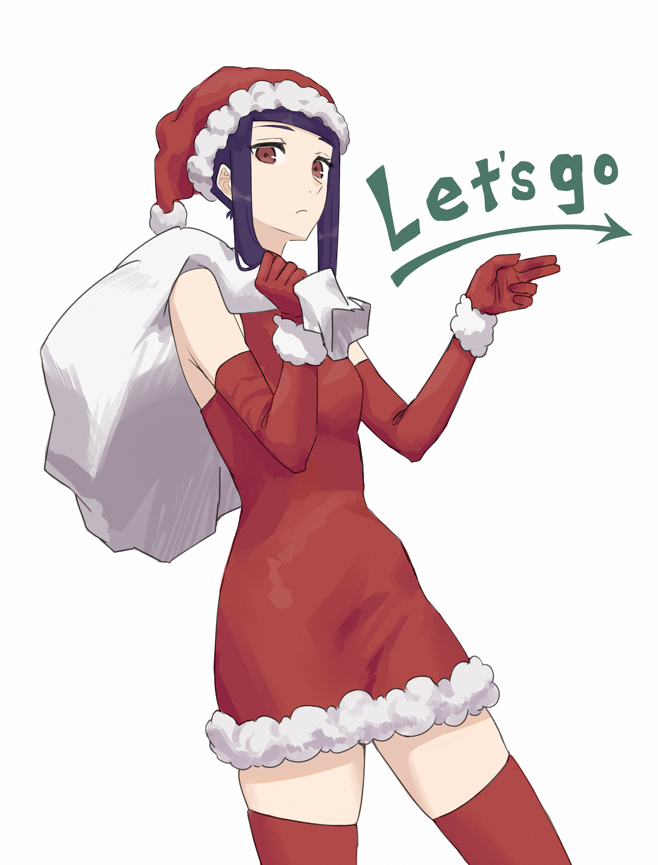 asakiri koko, jill stingray, va-11 hall-a, commentary request, highres, 1girl, alternate costume, cowboy shot, dress, elbow gloves, english text, from side, frown, fur-trimmed dress, fur-trimmed jacket, fur trim, gloves, hat, jacket, long sidelocks, looking at viewer, purple hair, red dress, red eyes, red gloves, red hat, red thighhighs, sack, santa costume, santa hat, sidelocks, simple background, sleeveless, sleeveless dress, solo, swept bangs, thighhighs, white background, wrist cuffs