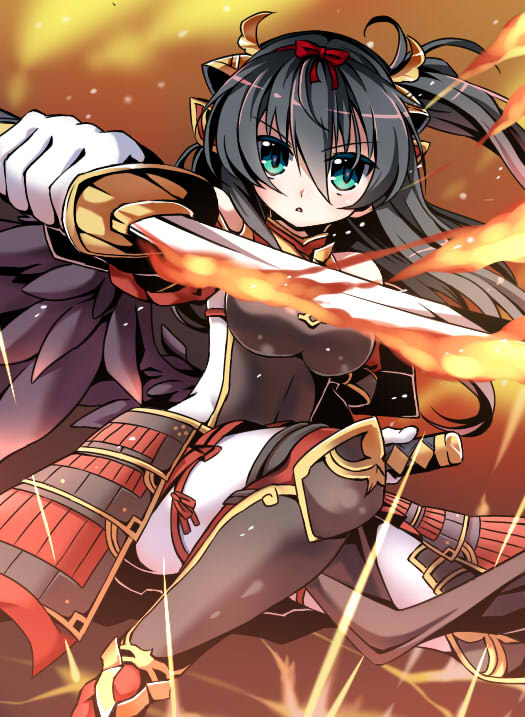 poporu, emil chronicle online, 1girl, armor, bare shoulders, bird girl, black hair, black wings, bodysuit, breastplate, breasts, fiery background, fire, flaming sword, flaming weapon, gloves, green eyes, hair ornament, hair ribbon, holding, holding sword, holding weapon, houou alma, japanese armor, katana, kusazuri, large breasts, long hair, one side up, open mouth, red ribbon, ribbon, shin guards, solo, sword, weapon, white bodysuit, white gloves, wings