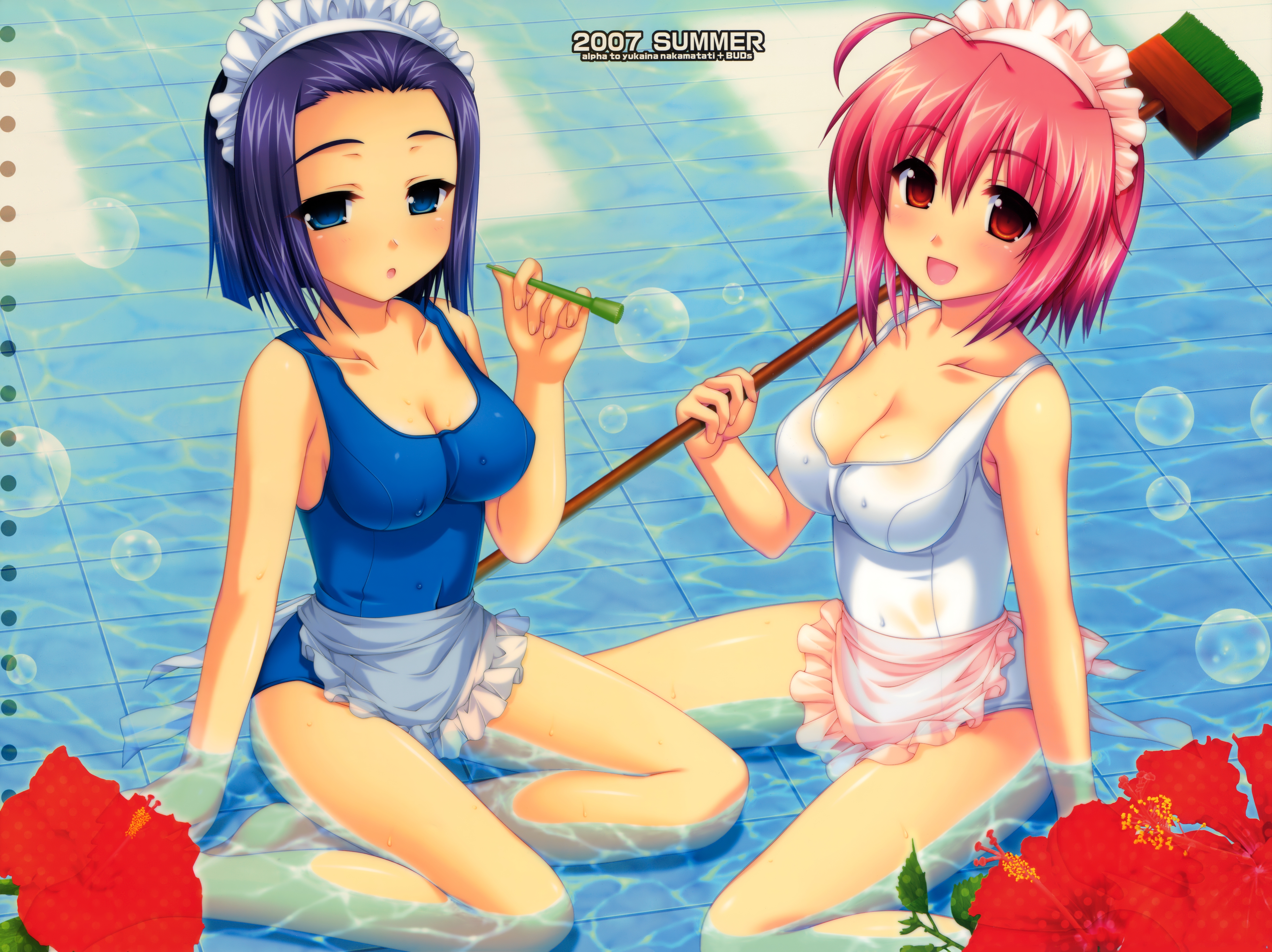 absurdres, highres, apron, blush, breasts, maid, maid apron, one-piece swimsuit, school swimsuit, short hair, swimsuit, water, wet