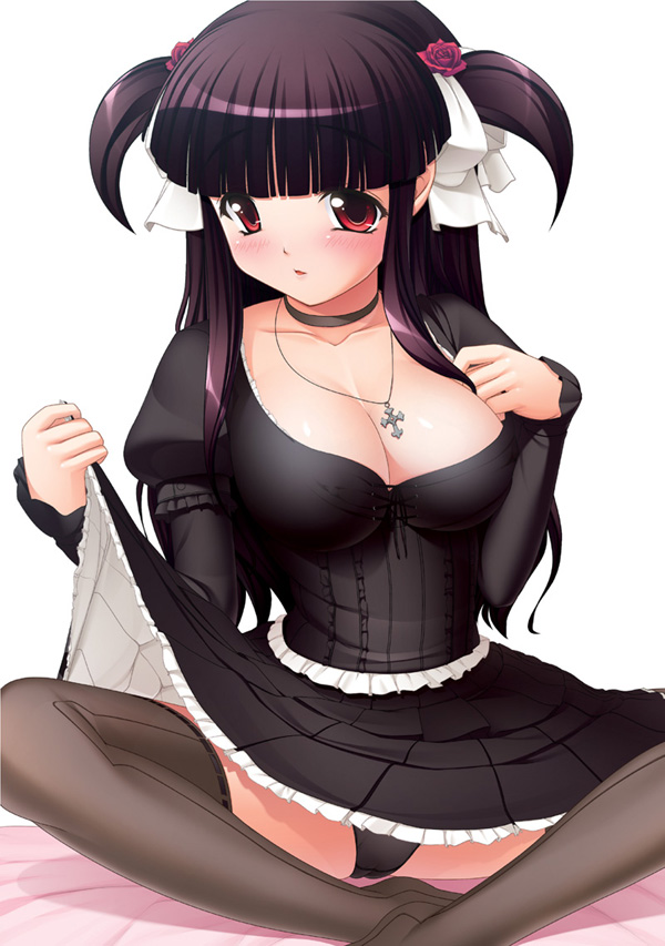 blush, breasts, flower, goth fashion, long hair, panties, skirt, thighhighs, twintails, underwear
