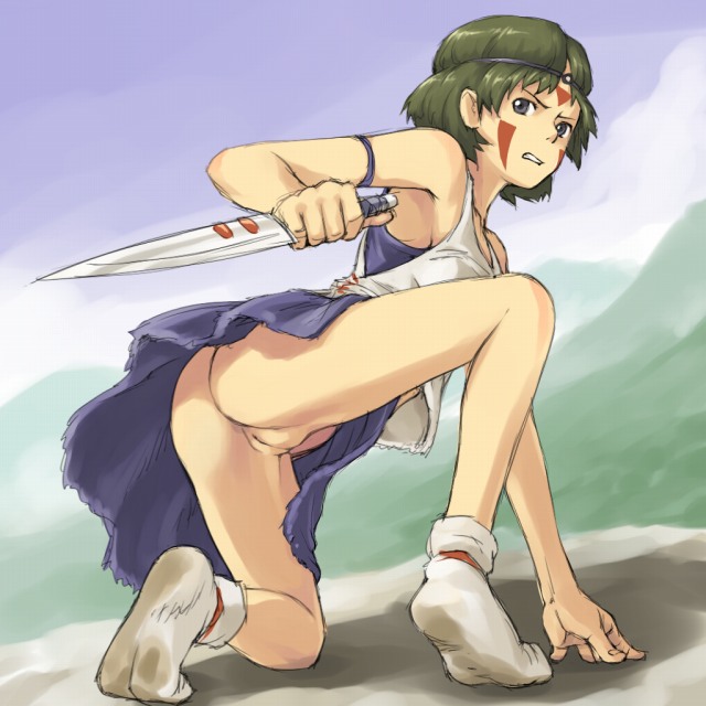 mosha, san (mononoke hime), mononoke hime, studio ghibli, 1990s (style), 1girl, angry, ass, brown hair, clothes lift, female focus, knife, legs, no panties, on one knee, pussy, retro artstyle, short hair, skirt, skirt lift, socks, solo, uncensored