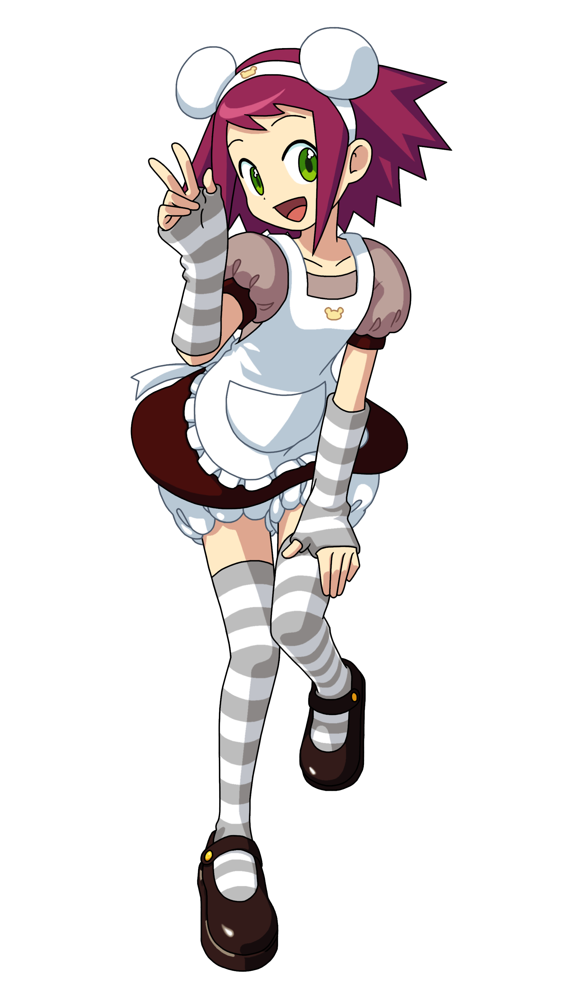 misora, capcom, mega man (series), striped legwear, absurdres, derivative work, highres, vector trace, apron, blush, elbow gloves, flat chest, full body, gloves, maid, maid apron, short hair, simple background, skirt, thighhighs, white background