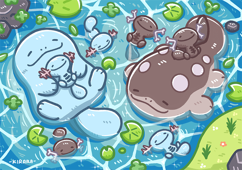 clodsire, paldean wooper, quagsire, wooper, nintendo, pokemon, animal focus, closed eyes, closed mouth, day, evolutionary line, floating, full body, gen 2 pokemon, lilianakirara, lily pad, no humans, outdoors, partially submerged, pokemon (creature), pokemon focus, pond, smile, tail, water