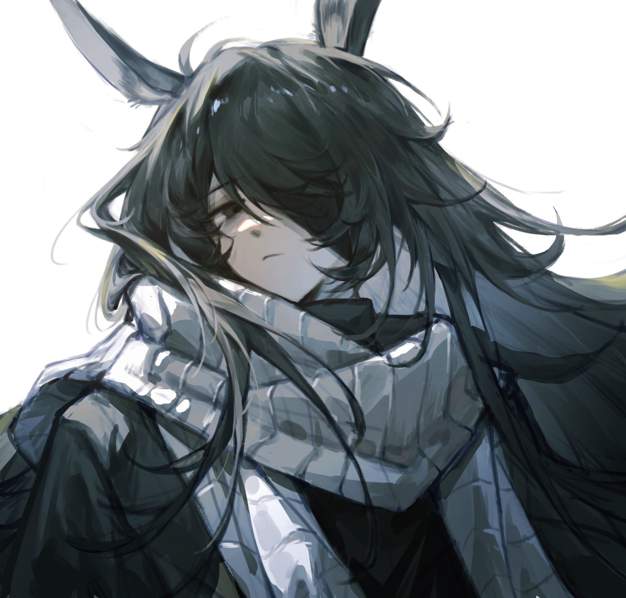 kinala6490098, yi sang (project moon), limbus company, project moon, highres, 1boy, animal ears, bandage over one eye, black eyes, black hair, black hanfu, chinese clothes, grey scarf, hanfu, heishou pack-wu branch (identity) (project moon), horse ears, long hair, looking at viewer, male focus, scarf, simple background, solo, upper body, white background