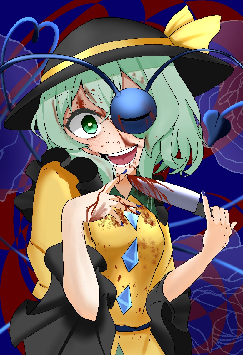 komeiji koishi, touhou, highres, 1girl, animal ears, black hat, blood, blood on clothes, blood on face, bloody weapon, blue nails, crazy eyes, crazy smile, frilled sleeves, frills, green eyes, green shirt, green skirt, grey hair, hair over shoulder, hands up, hat, heart, heart-shaped pupils, holding, holding knife, holding weapon, horse ears, knife, long sleeves, looking at viewer, nail polish, open mouth, shirt, short hair, sirabai hiro, skirt, smile, solo, symbol-shaped pupils, weapon