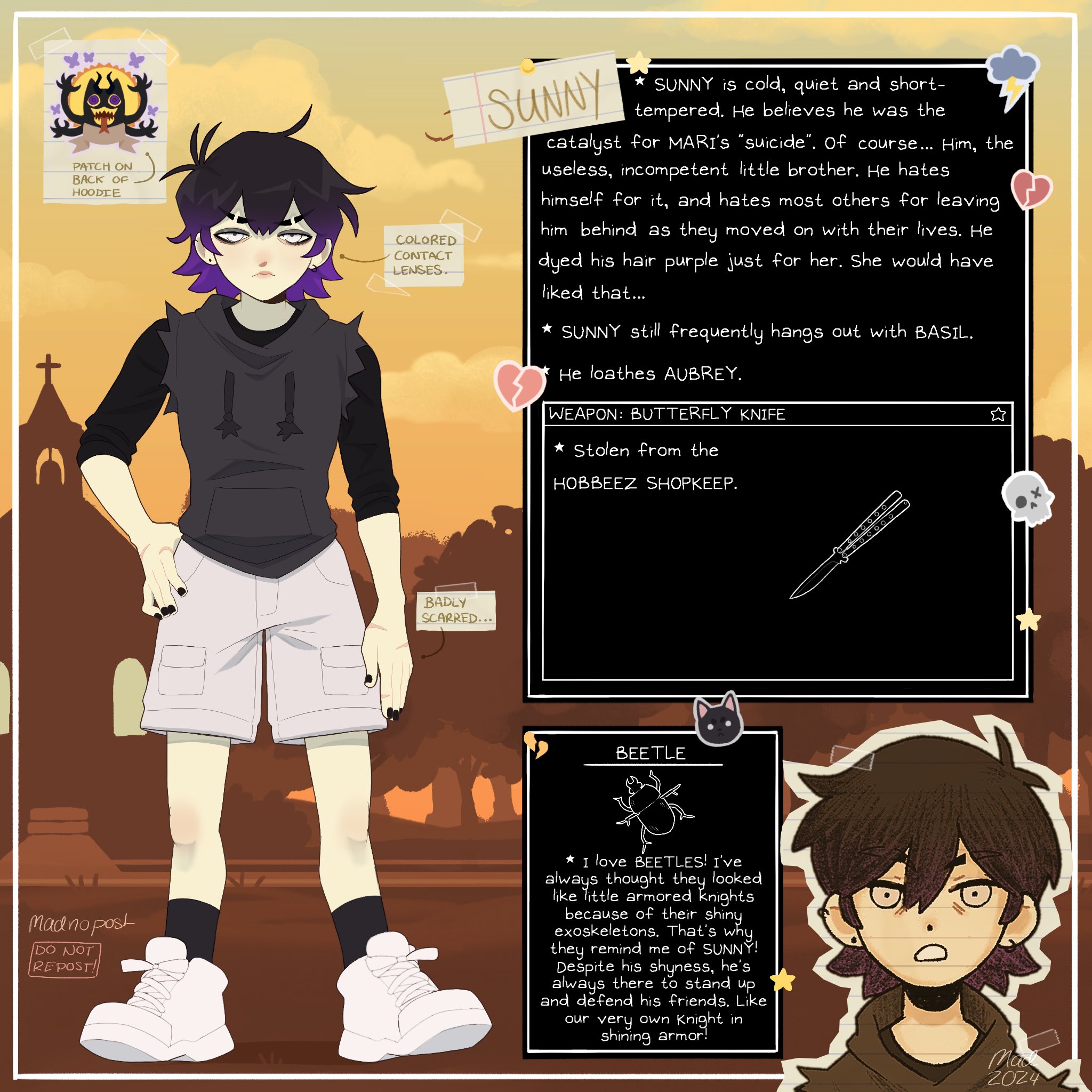 madnopost, sunny (omori), omori, highres, 1boy, 2024, alternate costume, alternate eye color, alternate universe, antenna hair, arrow (symbol), artist name, black hair, black nails, black socks, character name, closed mouth, ear piercing, english text, full body, gradient hair, hair between eyes, looking at viewer, male focus, messy hair, multicolored hair, omocat (style), outdoors, piercing, purple hair, scar, scar on hand, shoes, short hair, short sleeves, shorts, sneakers, socks, solo, tree, white eyes, white shoes, white shorts