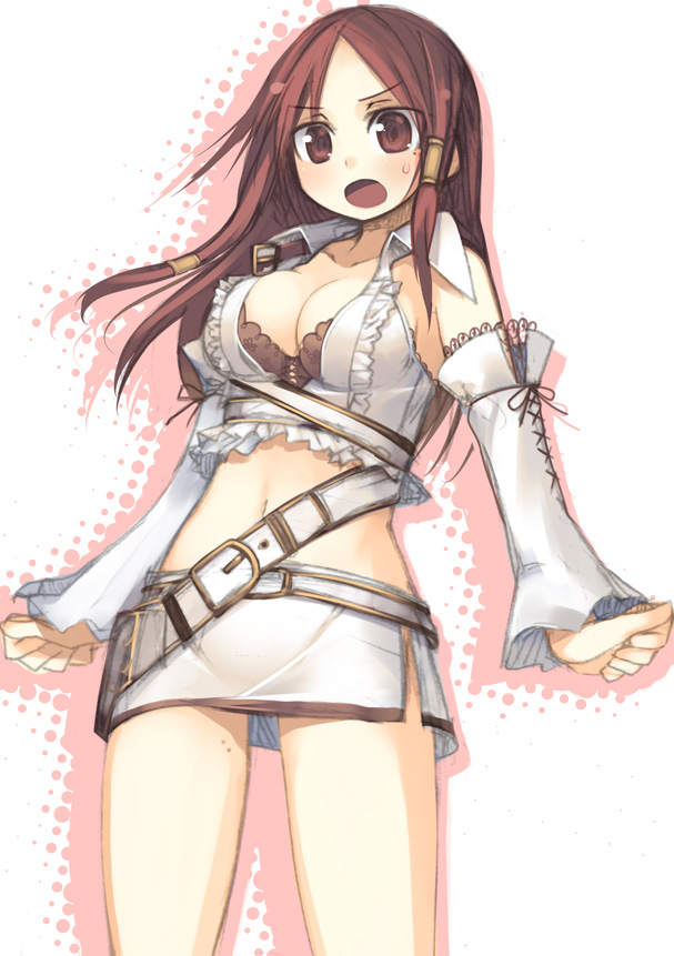 kashiwamochi yomogi, belt, blush, breasts, elbow gloves, gloves, long hair, midriff, open clothes, open shirt, shirt, skirt
