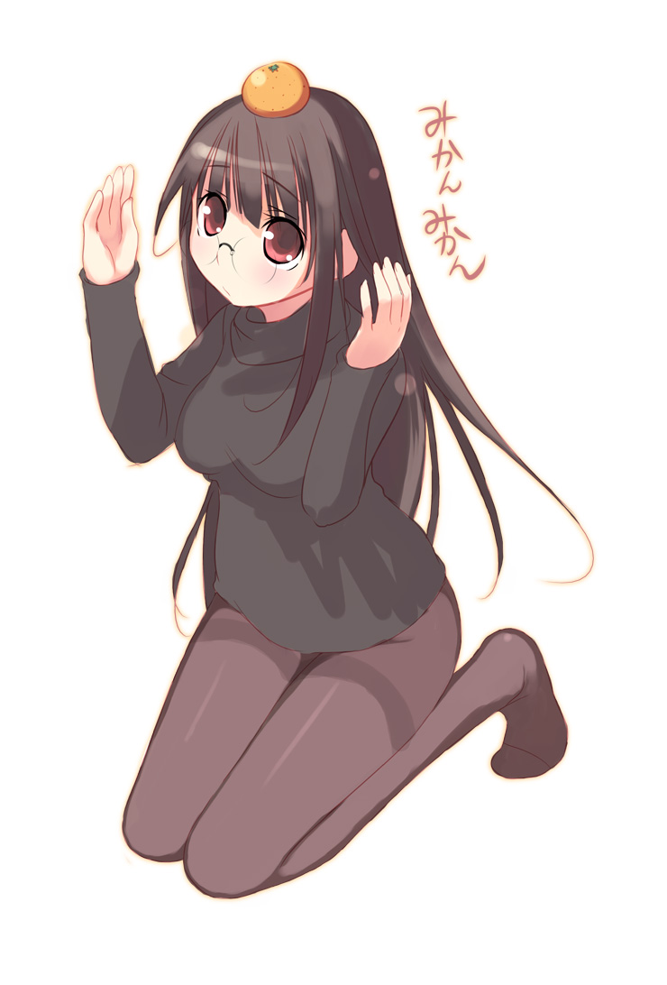 kashiwamochi yomogi, arima senne, original, translated, blush, brown hair, food, fruit, glasses, kneeling, long hair, mandarin orange, object on head, orange (fruit), pantyhose, red eyes, solo, sweater
