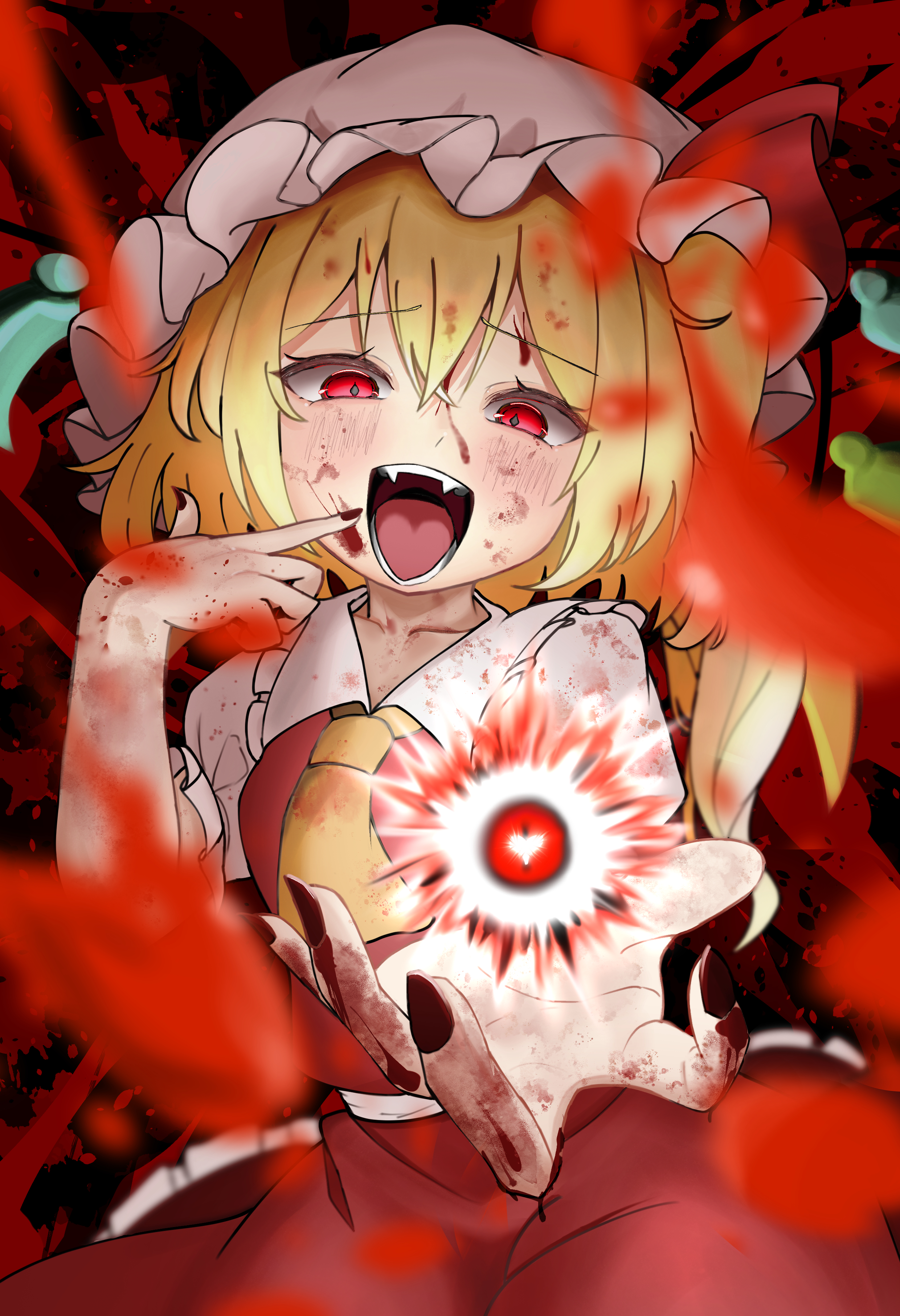 flandre scarlet, touhou, absurdres, highres, 1girl, ascot, black nails, blonde hair, blood, blood on clothes, blood on face, blood on hands, blush, collared shirt, crazy eyes, crossed bangs, fangs, frilled hat, frilled shirt collar, frills, hair between eyes, hands up, hat, hat ribbon, holding, index finger raised, looking at viewer, mob cap, nail polish, one side up, open mouth, puffy short sleeves, puffy sleeves, red eyes, red ribbon, red skirt, red vest, ribbon, shirt, short sleeves, sirabai hiro, skirt, solo, vest, white hat, white shirt, yellow ascot